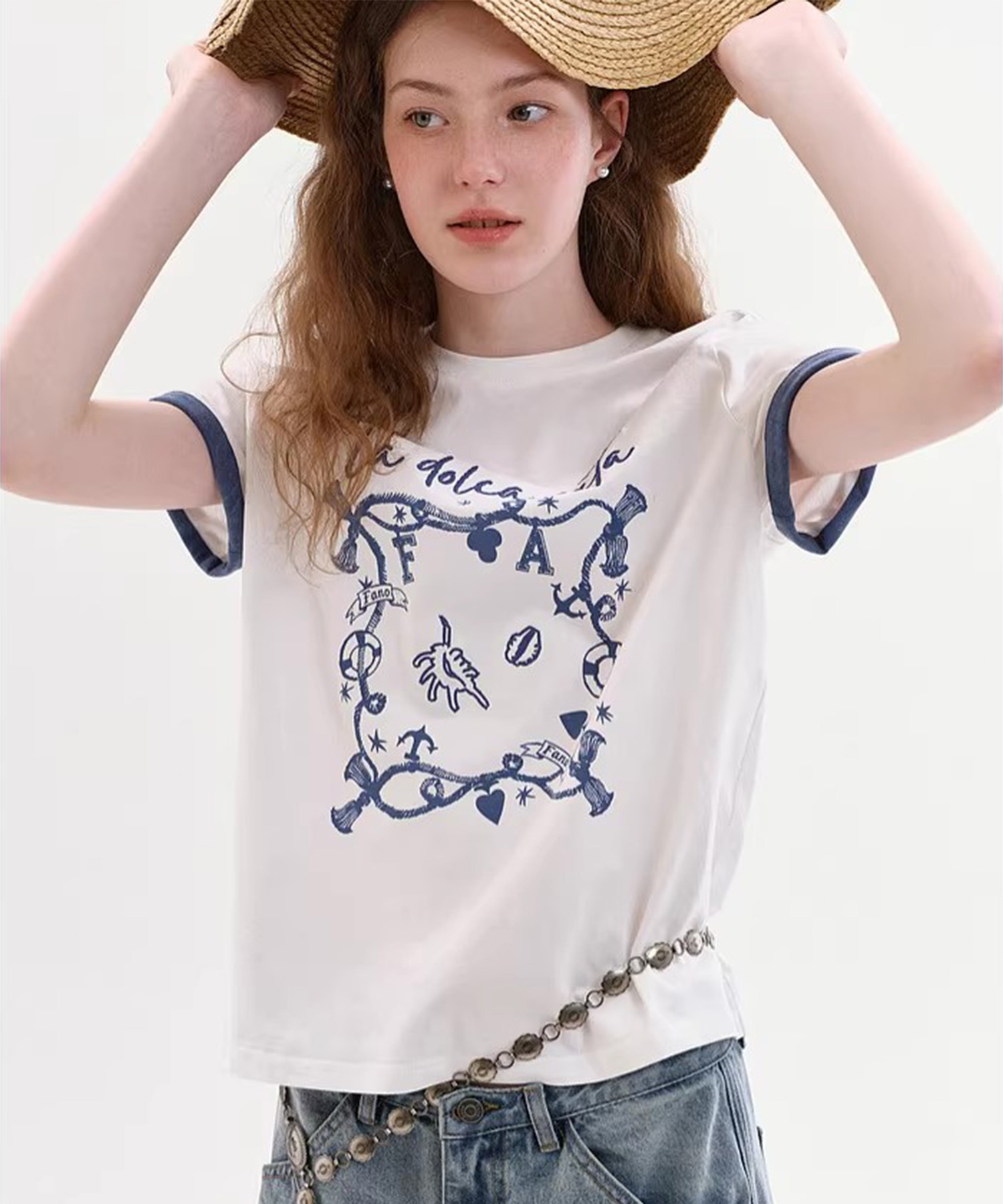 ラウンドネック 海モチーフ グラフィックTシャツ FX26S075【Fano