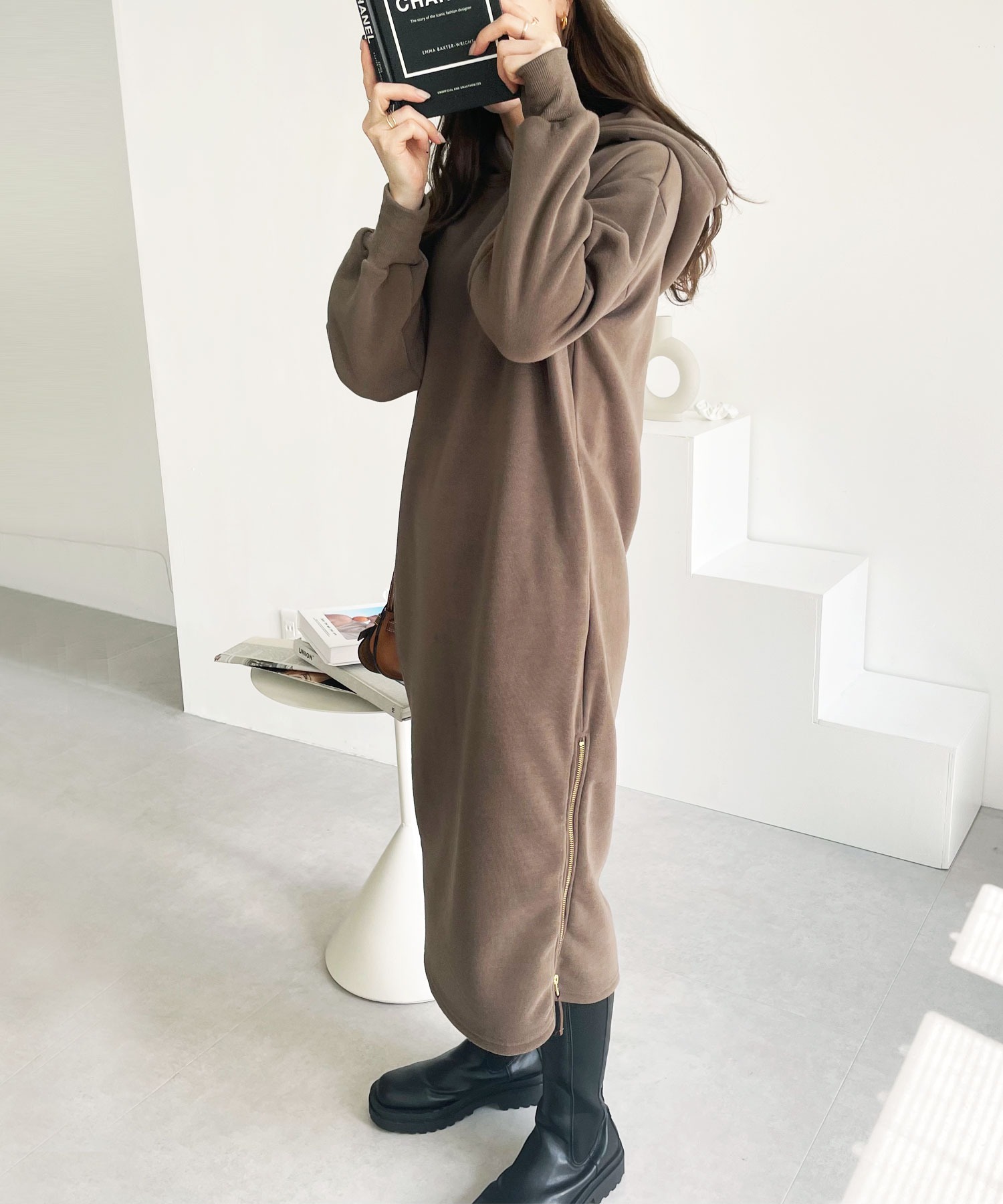 新色追加 裏起毛裾ファスナーパーカーワンピース