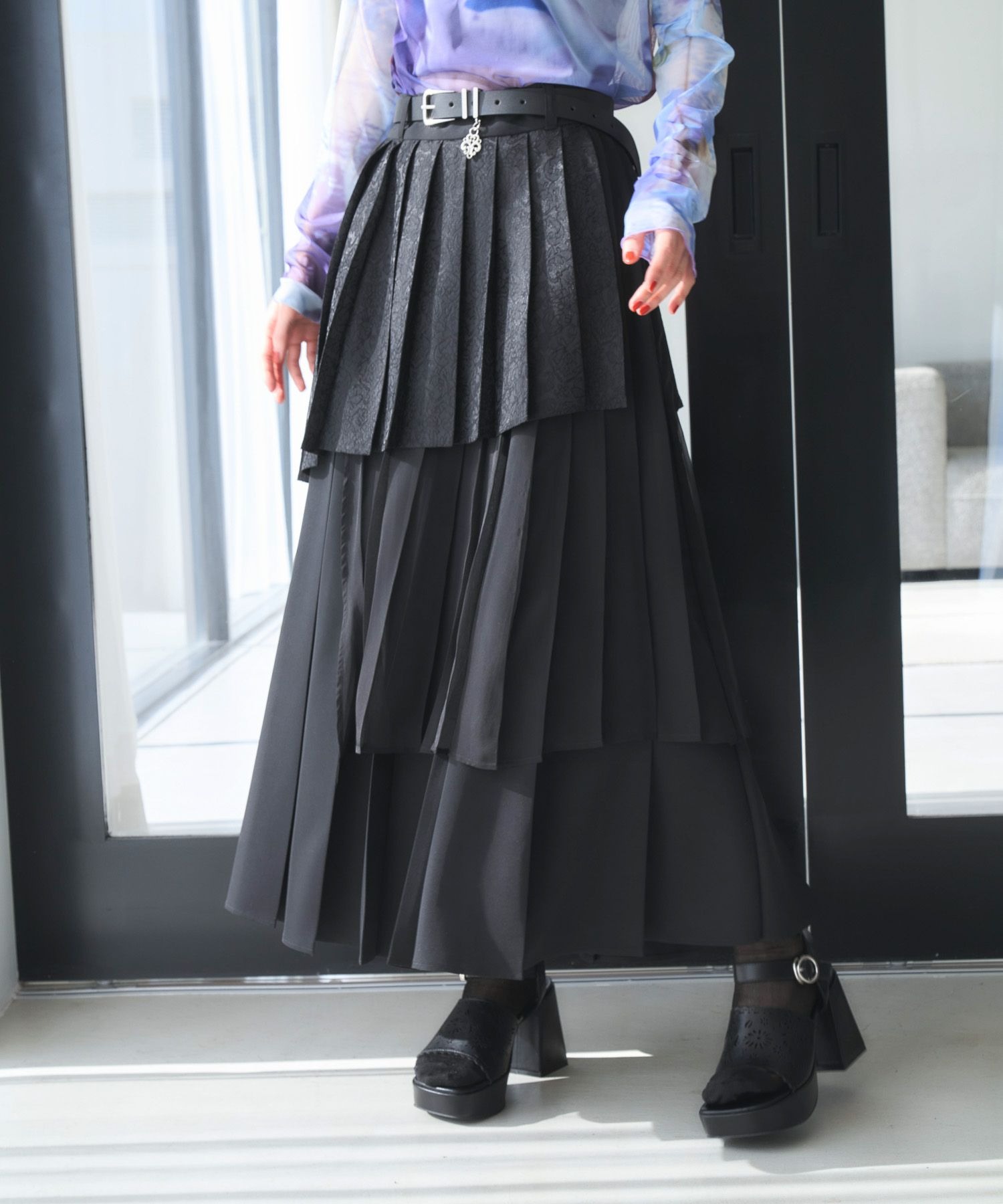 アシメミックスプリーツスカート(HARE)