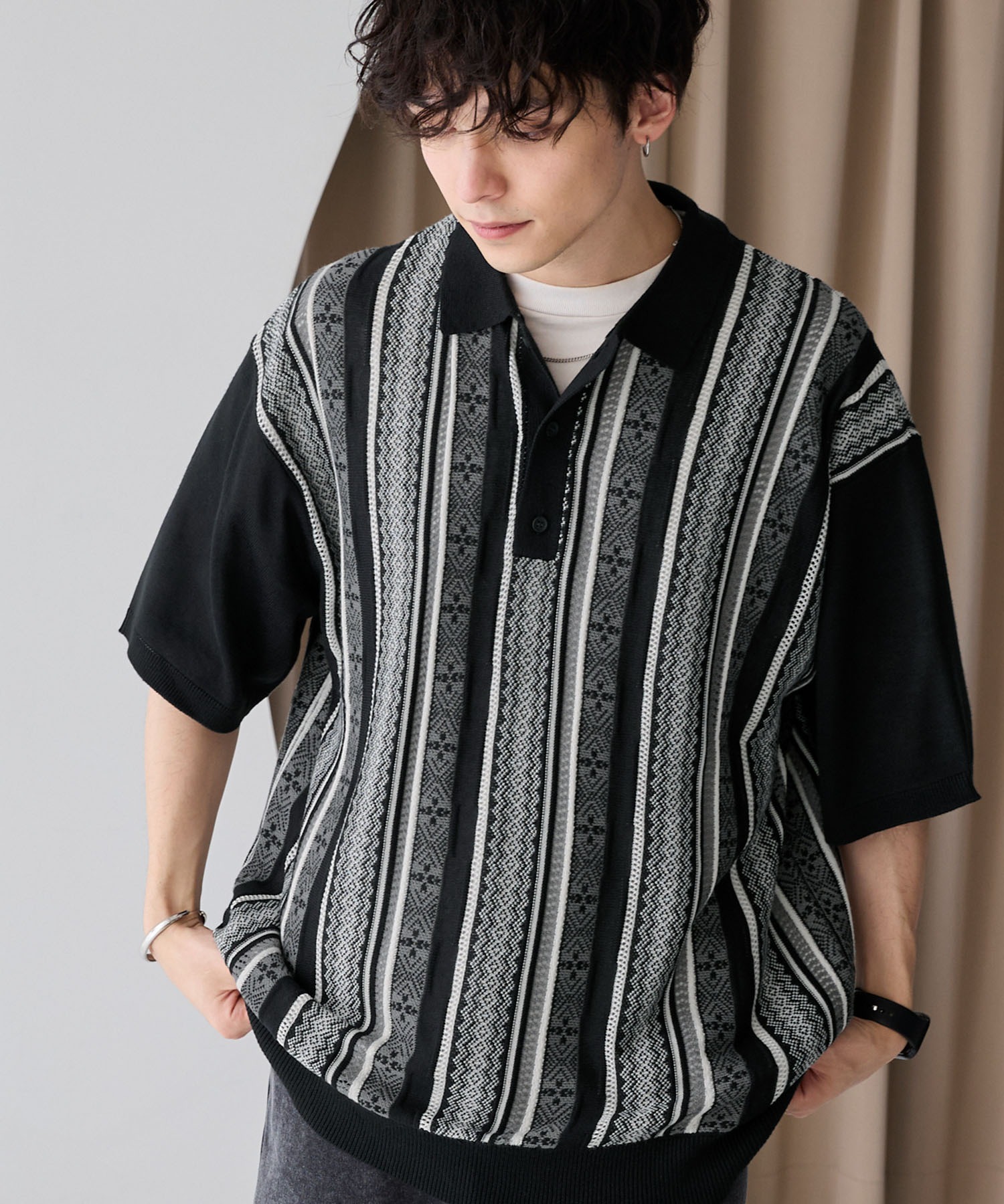 サイズL【美品】Needles Polo Sweater 千鳥柄ニット半袖ポロシャツ