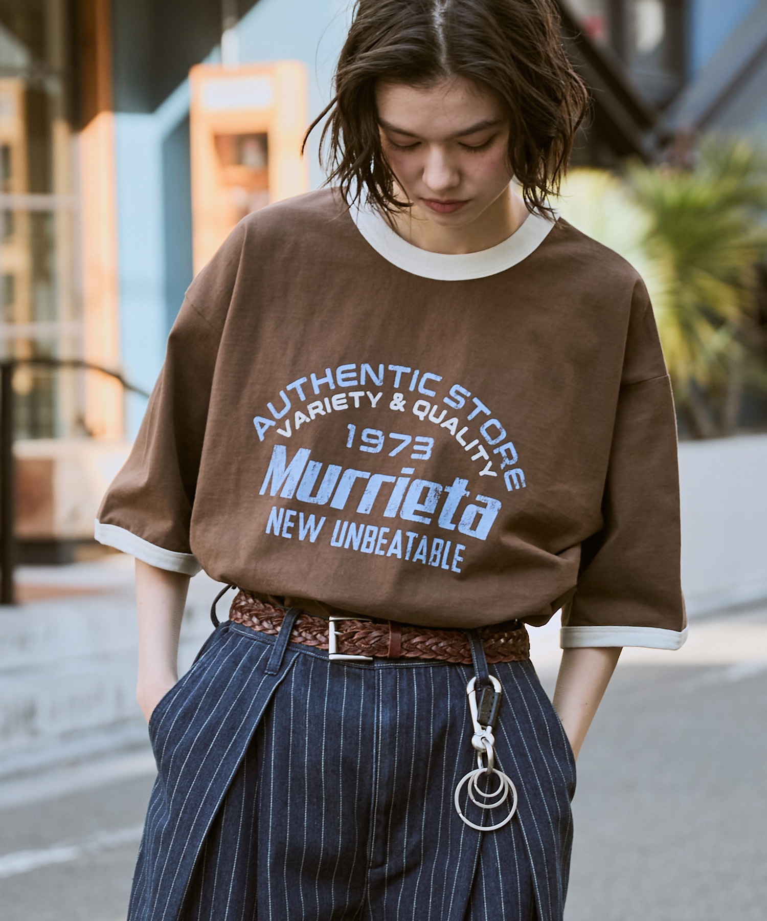 ヴィンテージライクロゴデザイン ビッグシルエットリンガー半袖Tシャツ