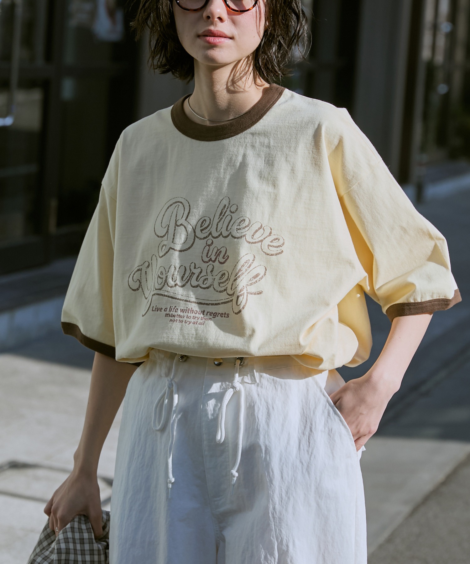 ヴィンテージライクロゴデザイン ビッグシルエットリンガー半袖Tシャツ