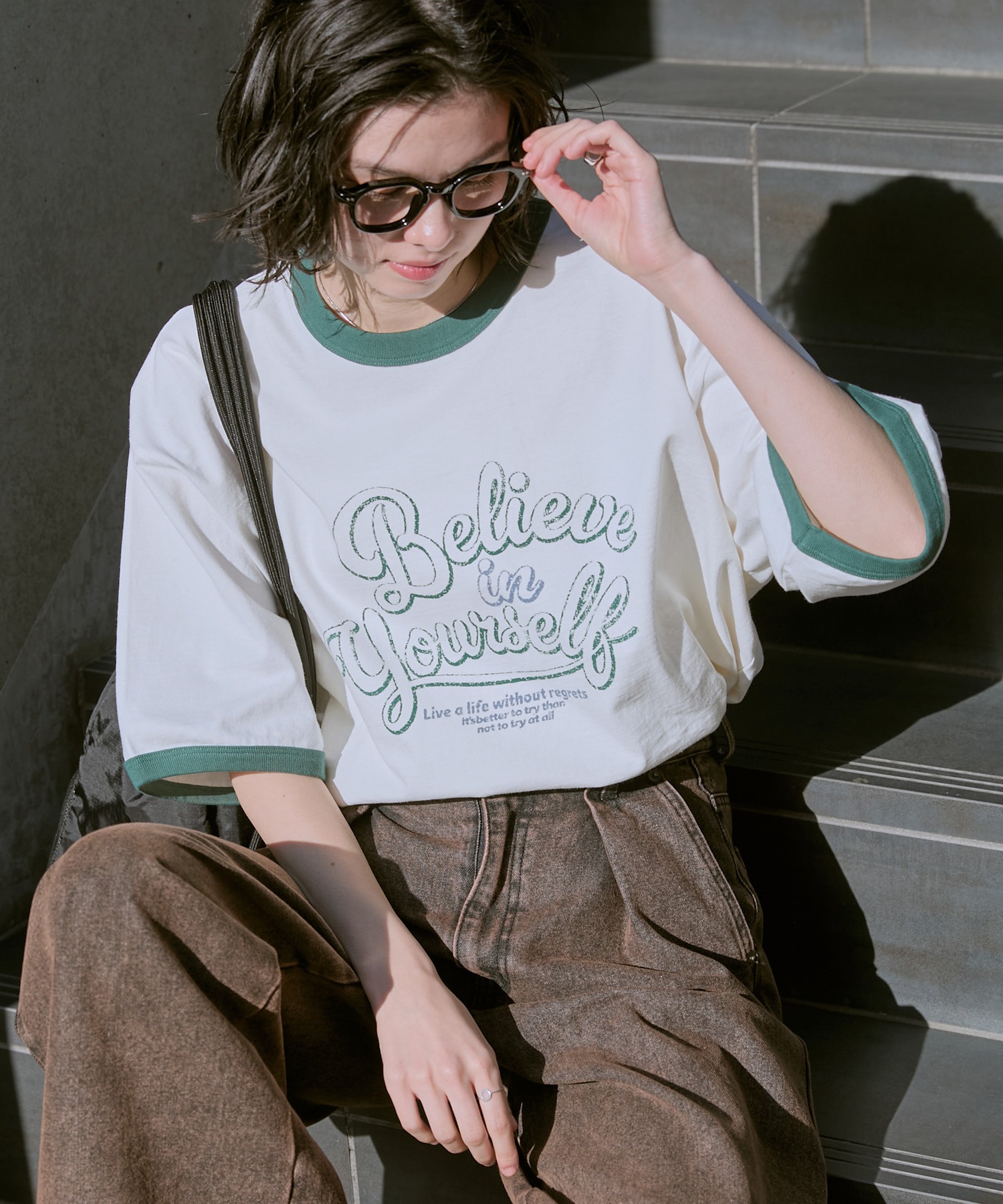 ヴィンテージライクロゴデザイン ビッグシルエットリンガー半袖Tシャツ