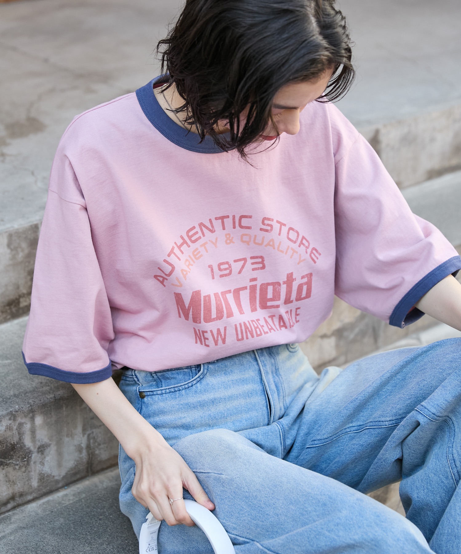 古着 ビンテージ Tシャツ ピンク 写真 馬 ロゴ プリント デザイン 美品 ヴィンテージライクロゴデザイン ビッグシルエットリンガー半袖Tシャツ