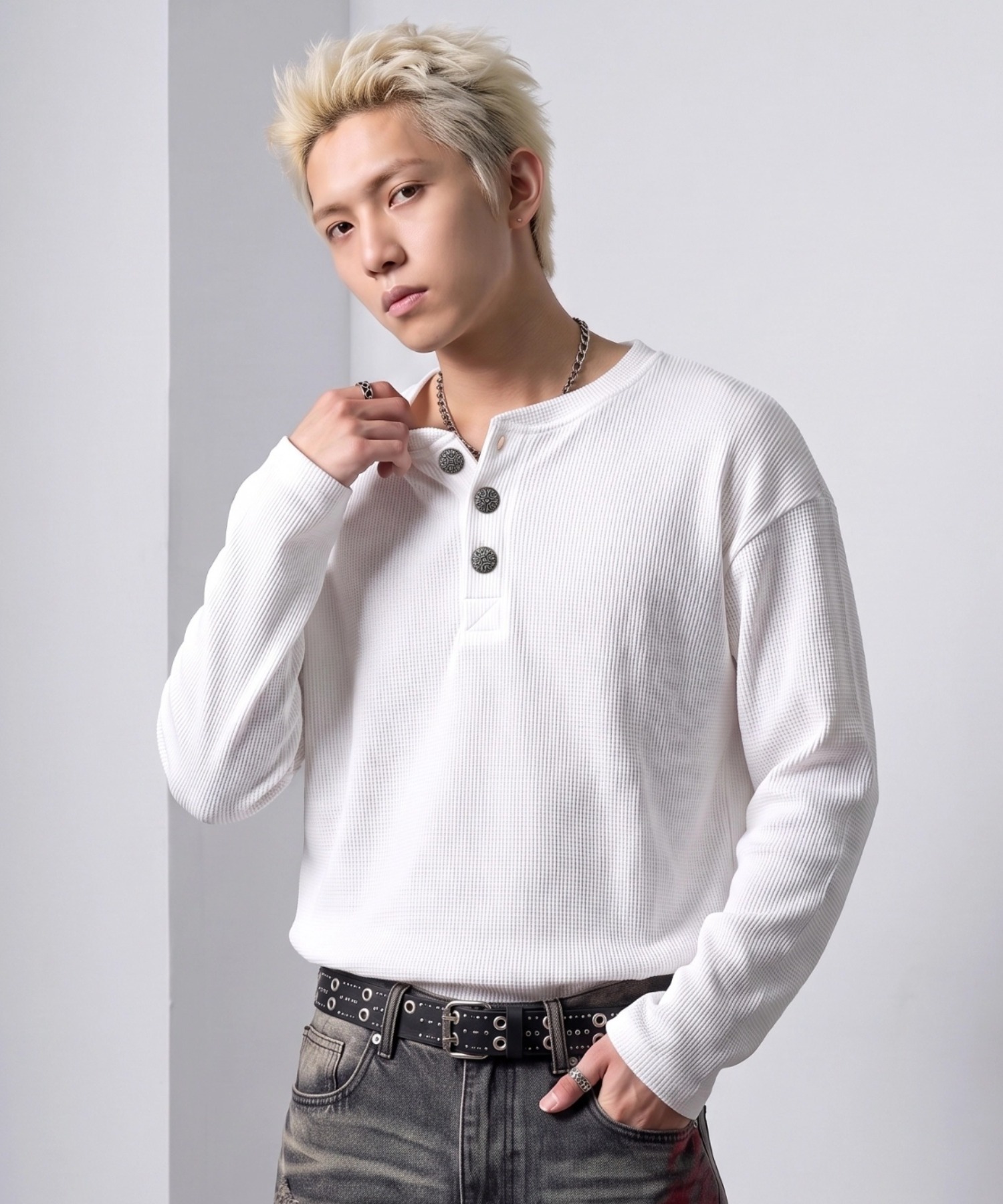 A'GEM/9 × .kom 『A'gem/エージェム』CROSS BUTTON WAFFLE LONG SLEEVE
