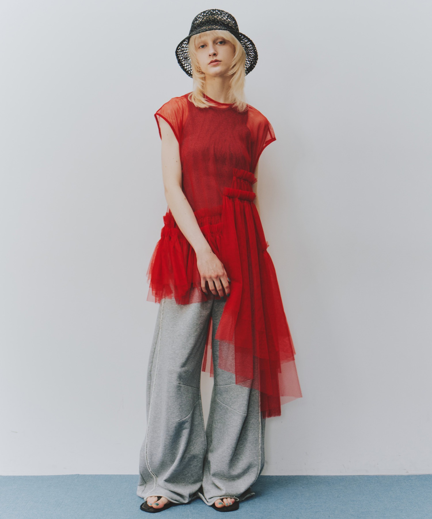 売れ筋 フレンチスリーブレイヤードギャザーチュールデザインtops LA