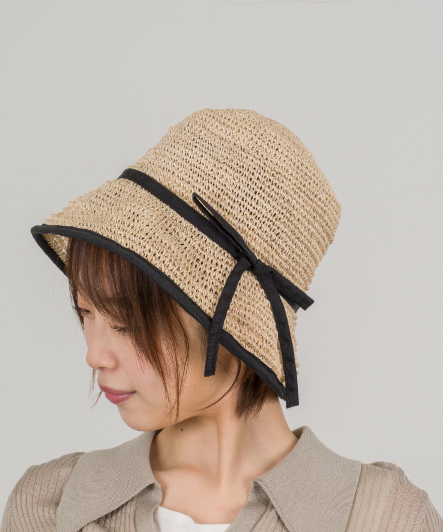 【Anjou Chouette/アンジュ・シュエット】リボンハット 帽子　麦わら　縁取り