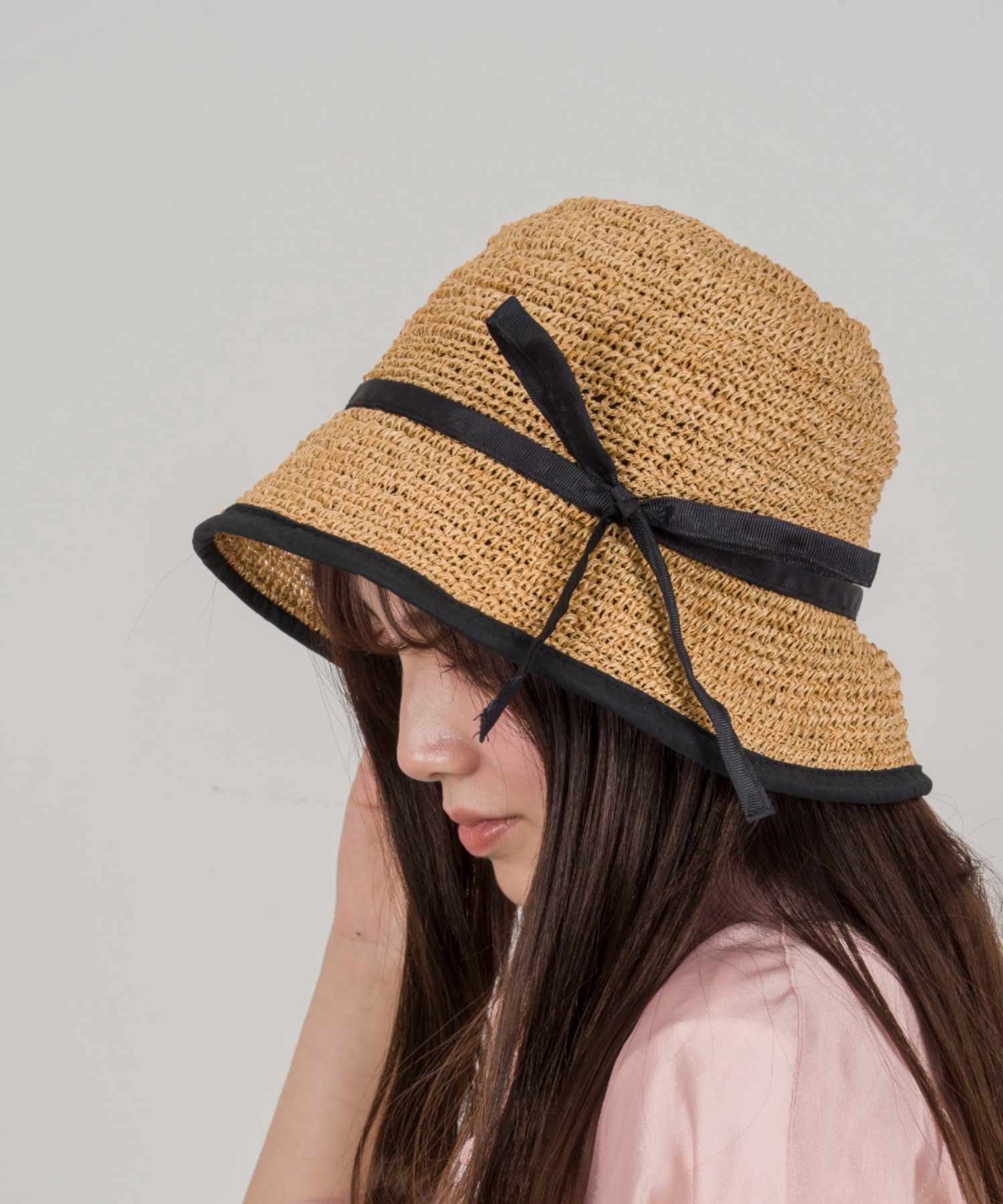 【Anjou Chouette/アンジュ・シュエット】リボンハット 帽子　麦わら　縁取り