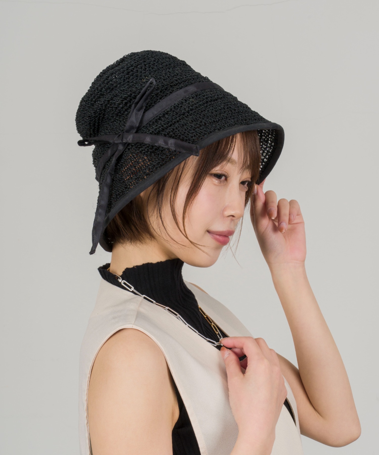 【Anjou Chouette/アンジュ・シュエット】リボンハット 帽子　麦わら　縁取り