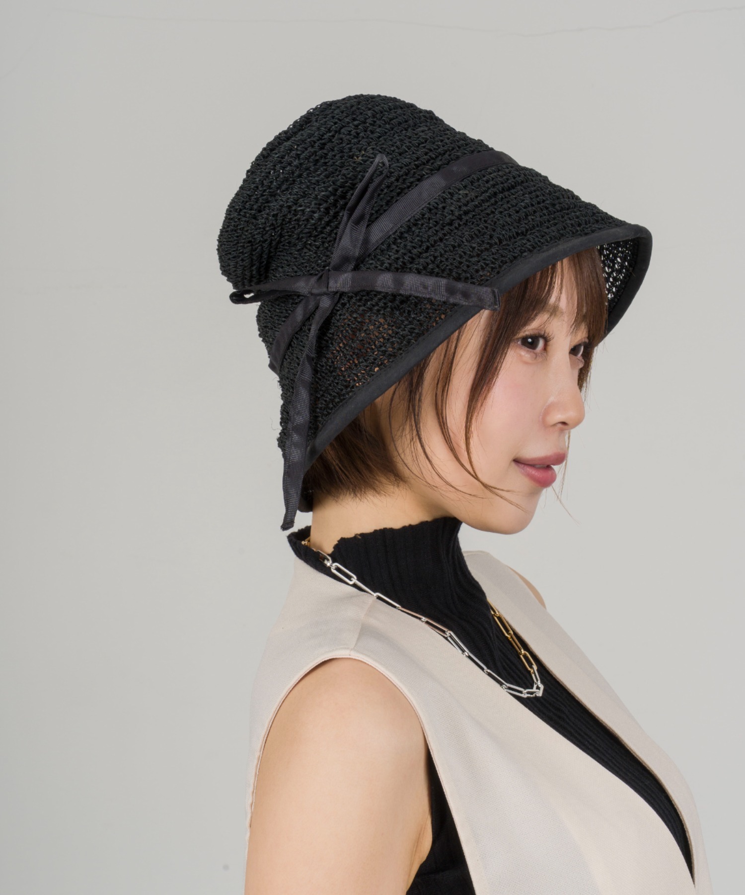 【Anjou Chouette/アンジュ・シュエット】リボンハット 帽子　麦わら　縁取り