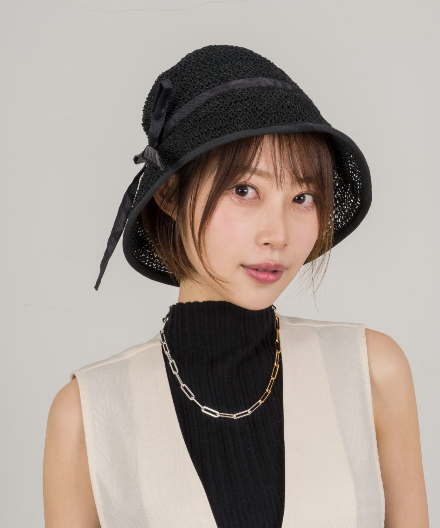 【Anjou Chouette/アンジュ・シュエット】リボンハット 帽子　麦わら　縁取り