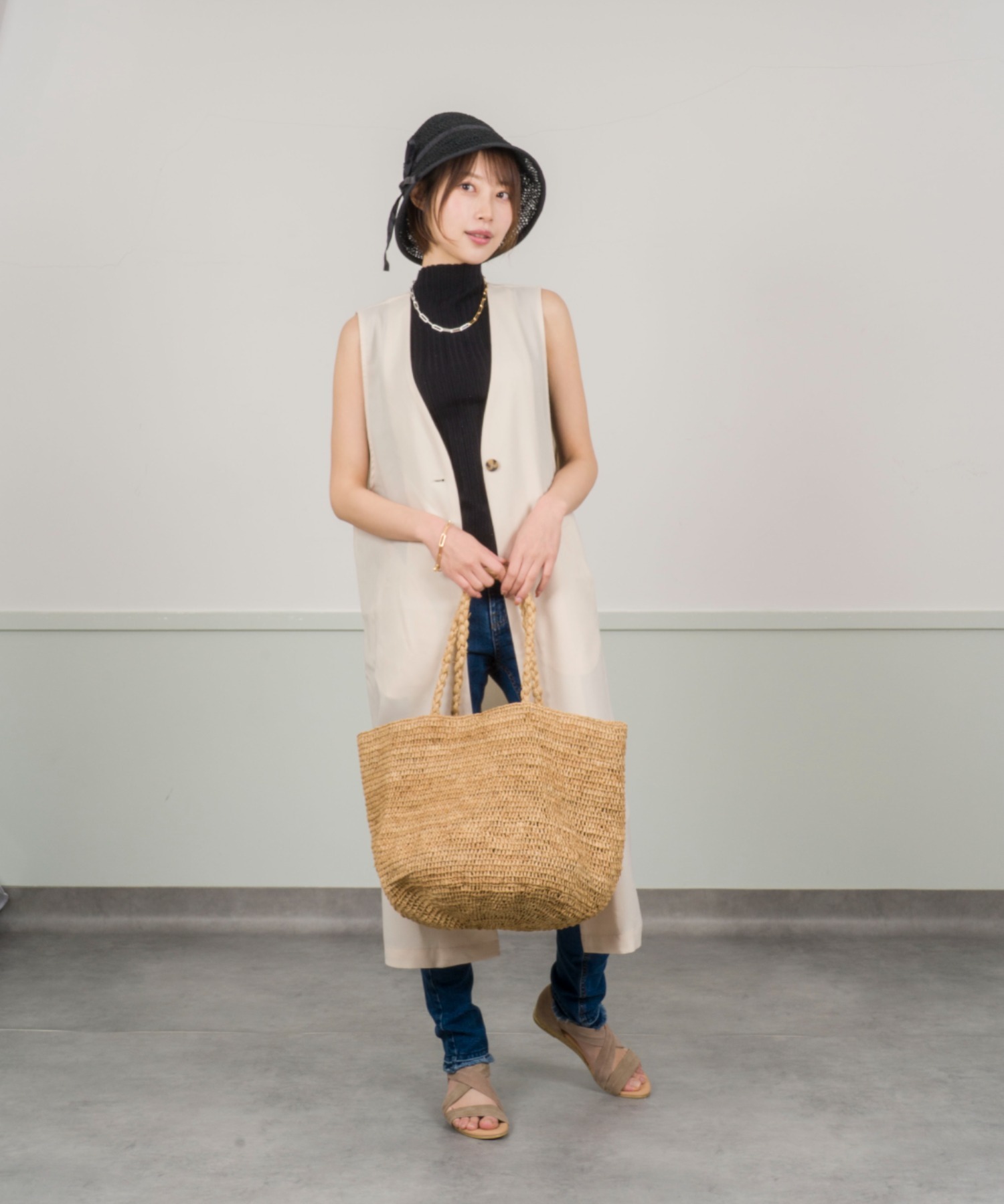 【Anjou Chouette/アンジュ・シュエット】リボンハット 帽子　麦わら　縁取り