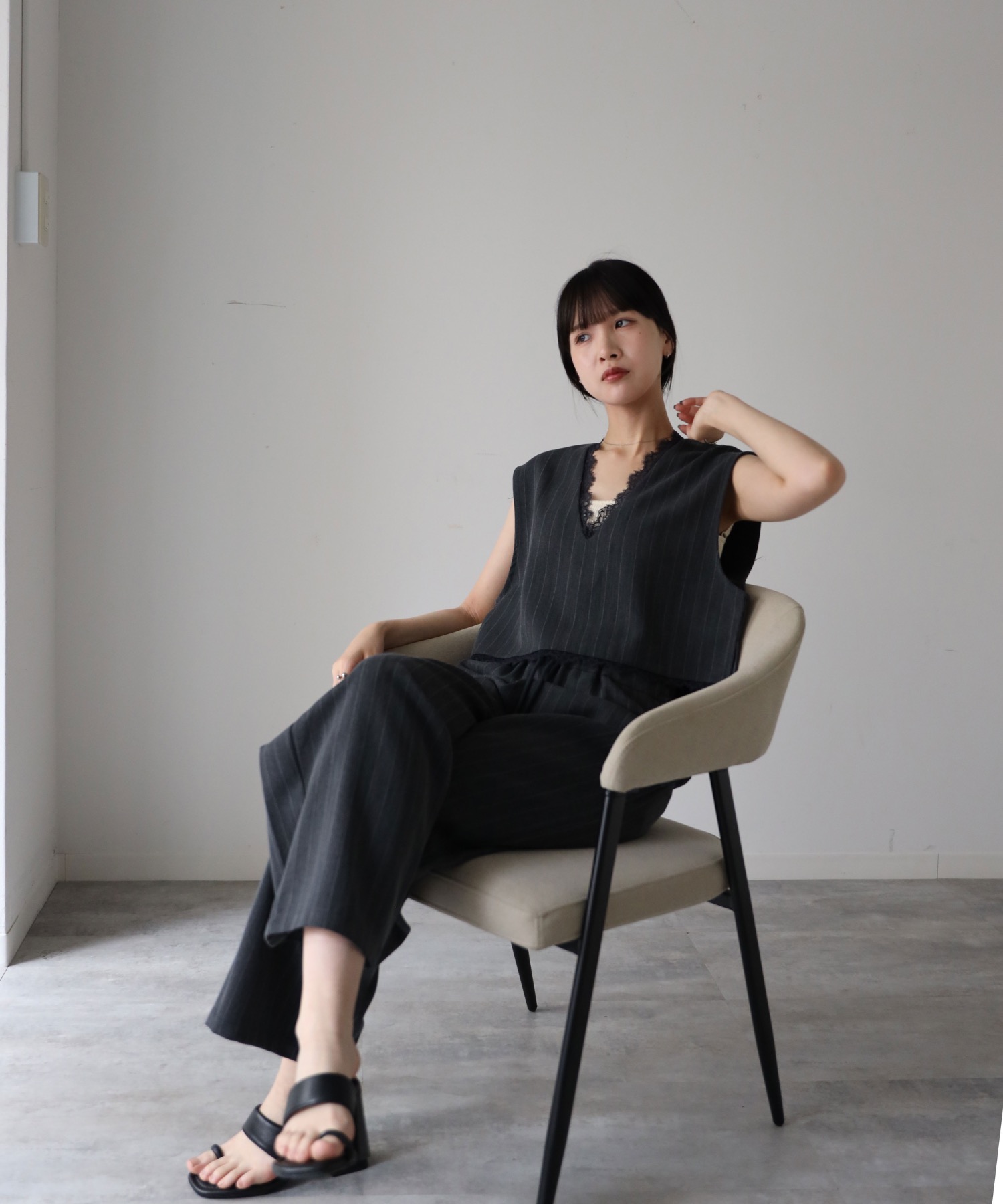 model：164cm. 着用サイズ：F(低身長さん用、丈短め)