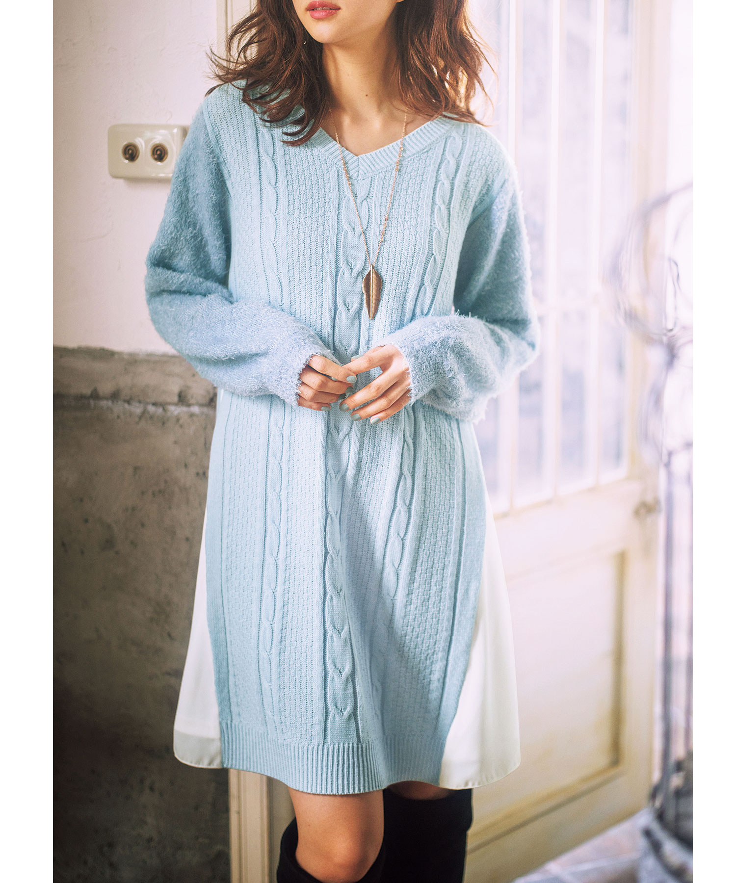 袖シャギーケーブルニットチュニックワンピース 品質検査済
