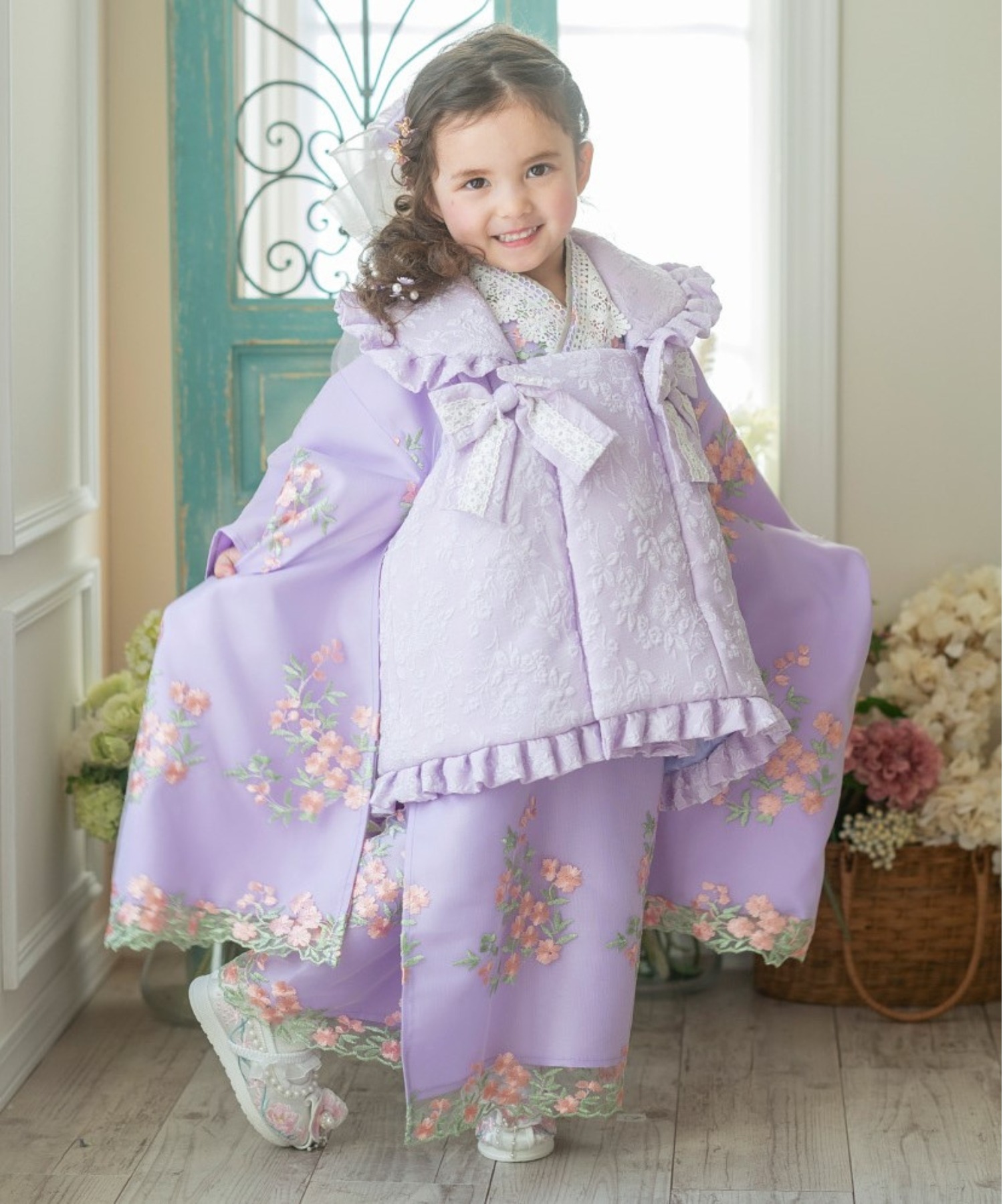 七五三 フラワーレース着物ワンピ＆被布セット