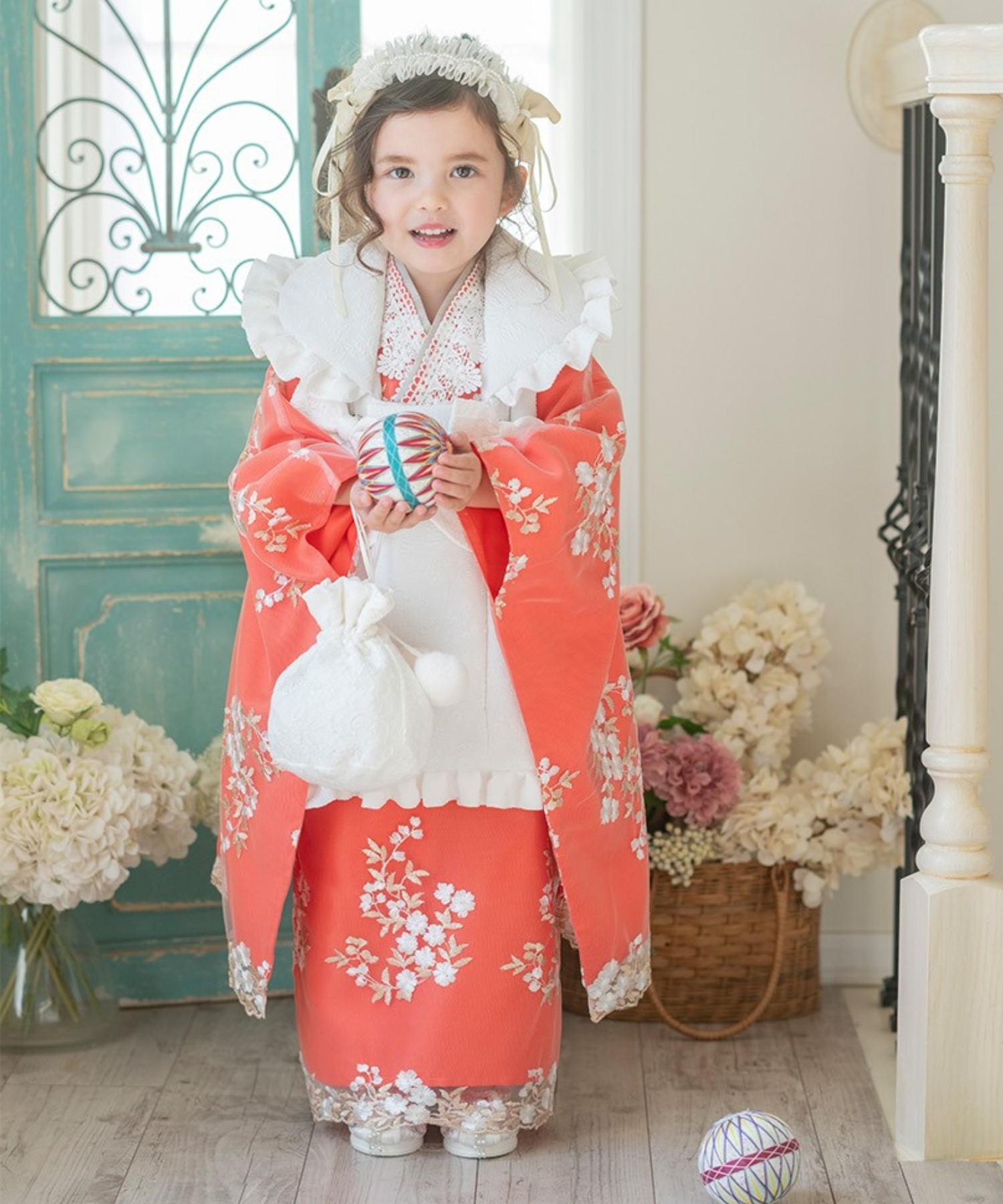 七五三 フラワーレース着物ワンピ＆被布セット