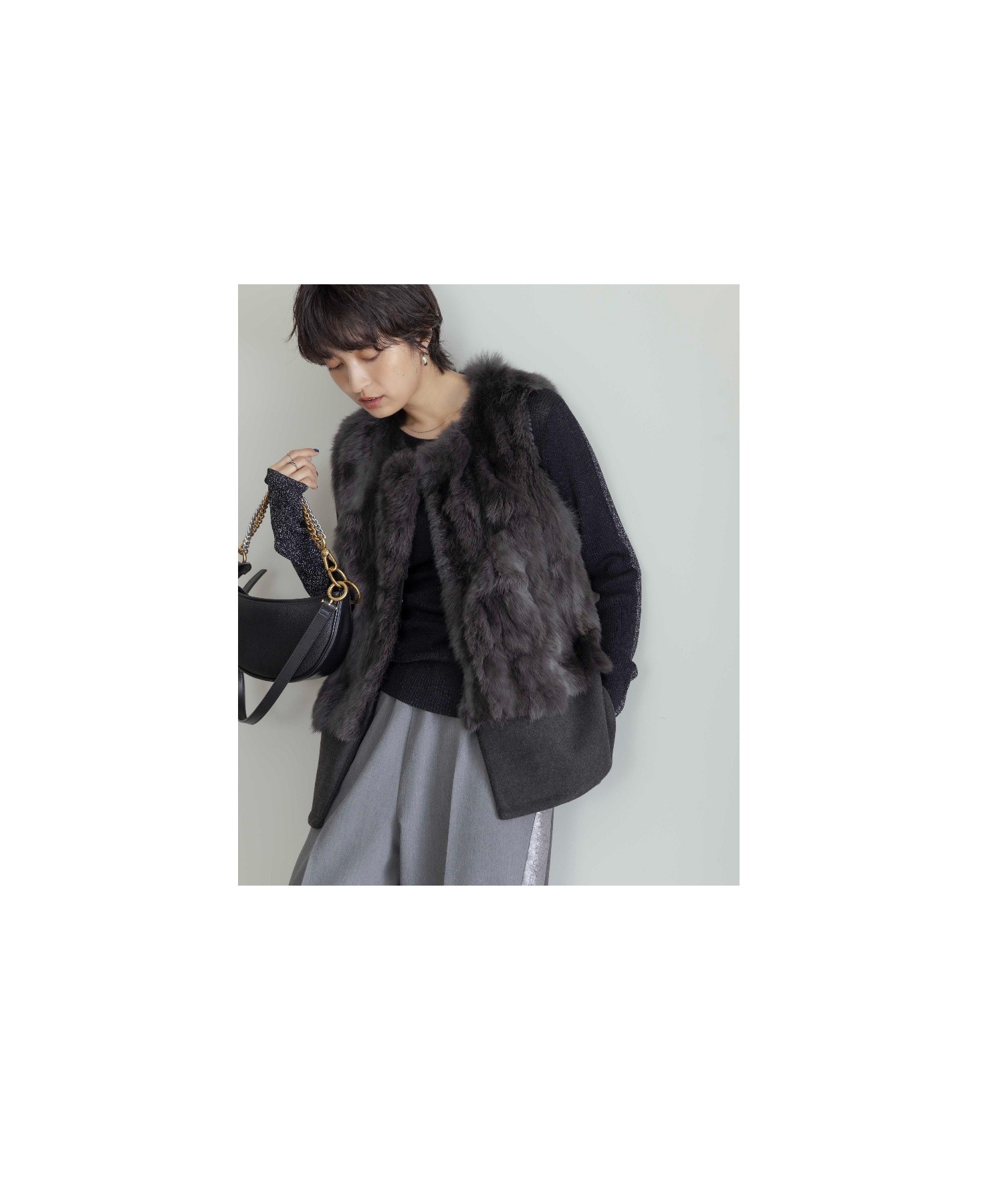 Eimee Law ファー&メルトンミドル丈ベストジレ