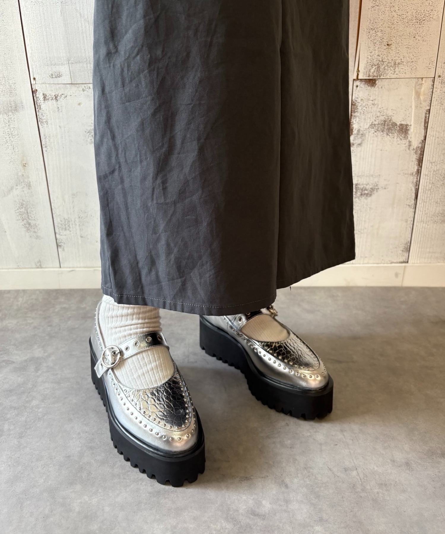 本革/厚底/6cm】スタッズデザイン 厚底メリージェーンシューズ ALL