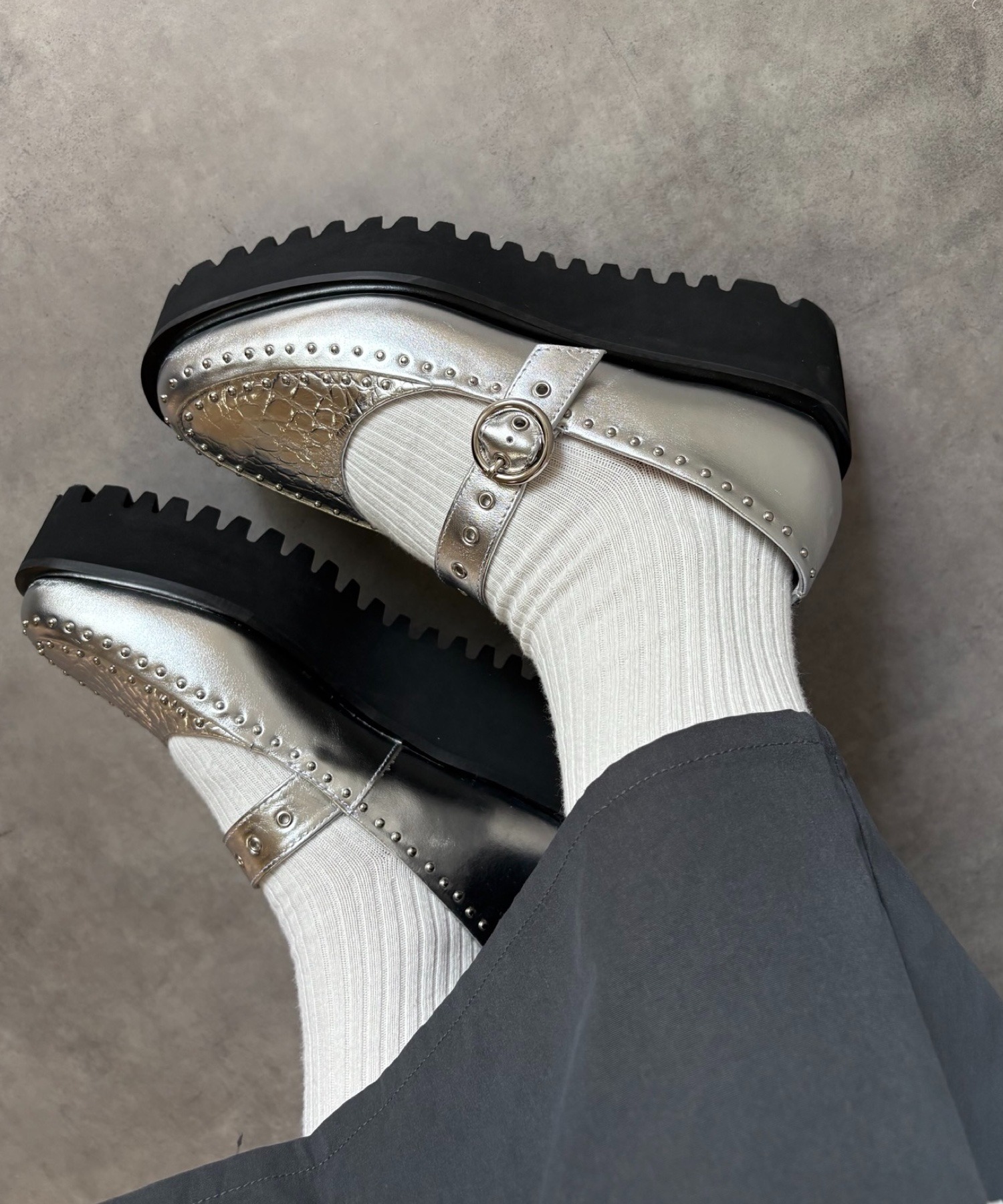 本革/厚底/6cm】スタッズデザイン 厚底メリージェーンシューズ ALL