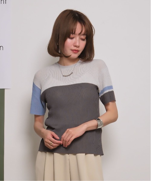 服*郎様 CELINE フィービー期 レイヤードヘム マルチカラー サマーウール ドライタッチブロックカラー配色リブサマーニット Palm Riche│Eimee