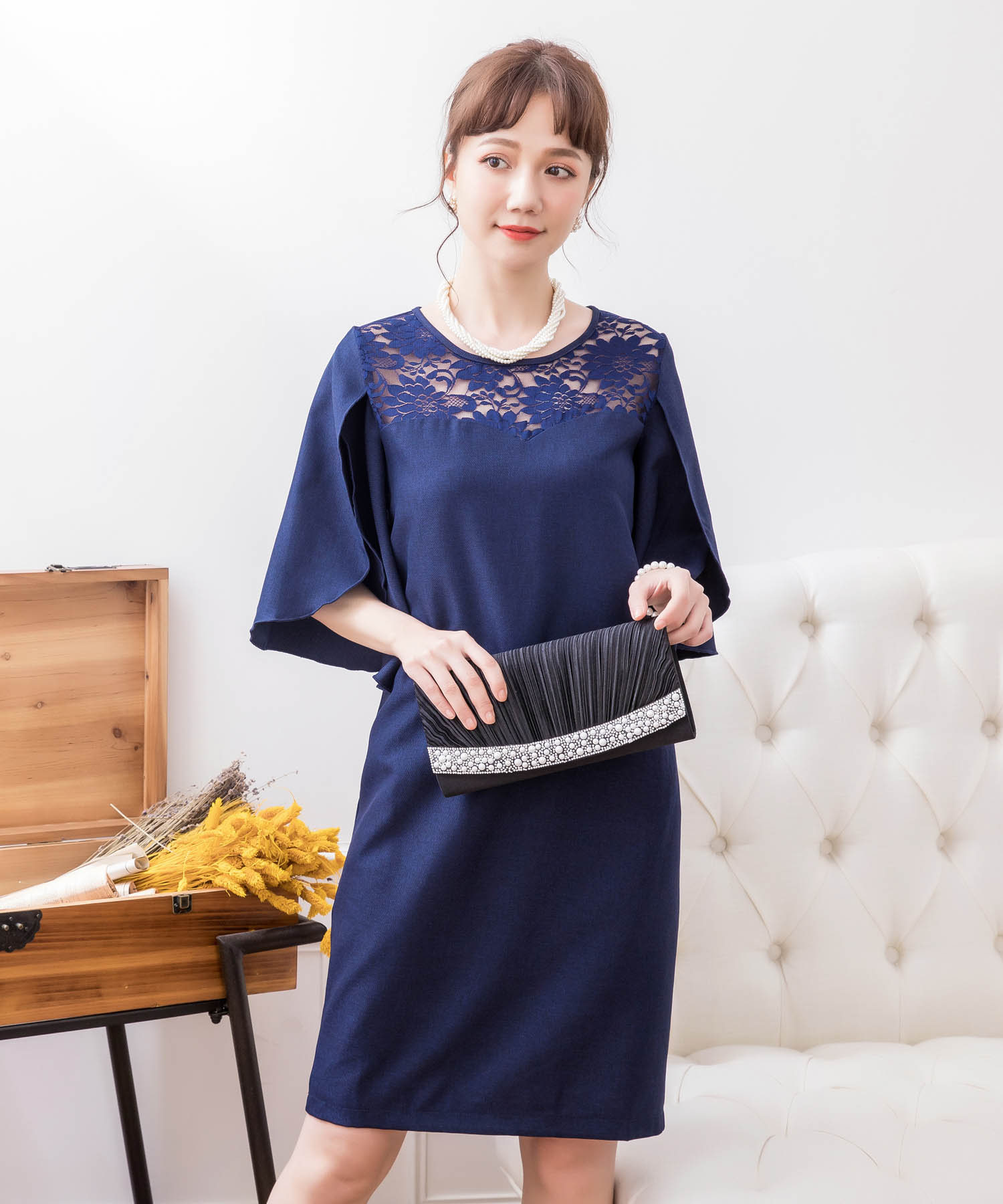 フレアスリーブ デコルテレースワンピース 新作製品 世界最高品質人気