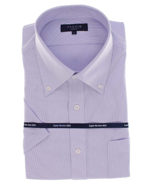 タカキューメンズ Taka Q Men ノーアイロンストレッチ ビジネスドレス半袖ニットシャツ マーケティング ストライプ柄ボタンダウン