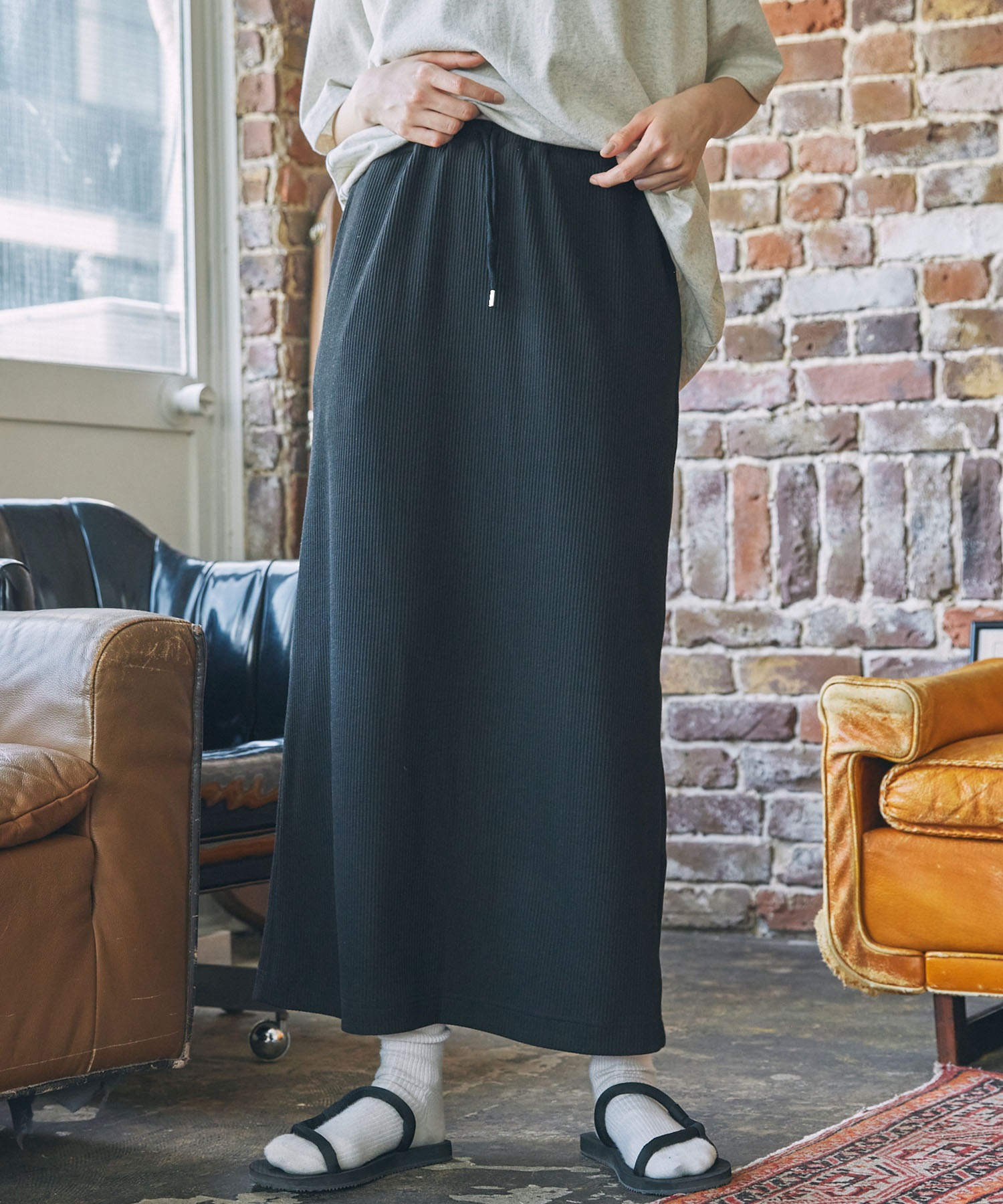 ★新品タグ付★ Boutique Ordinary Iライン ロングスカート　黒 カットリブ Iライン ロングスカート MONO-MART LADY'S│MONO-MART
