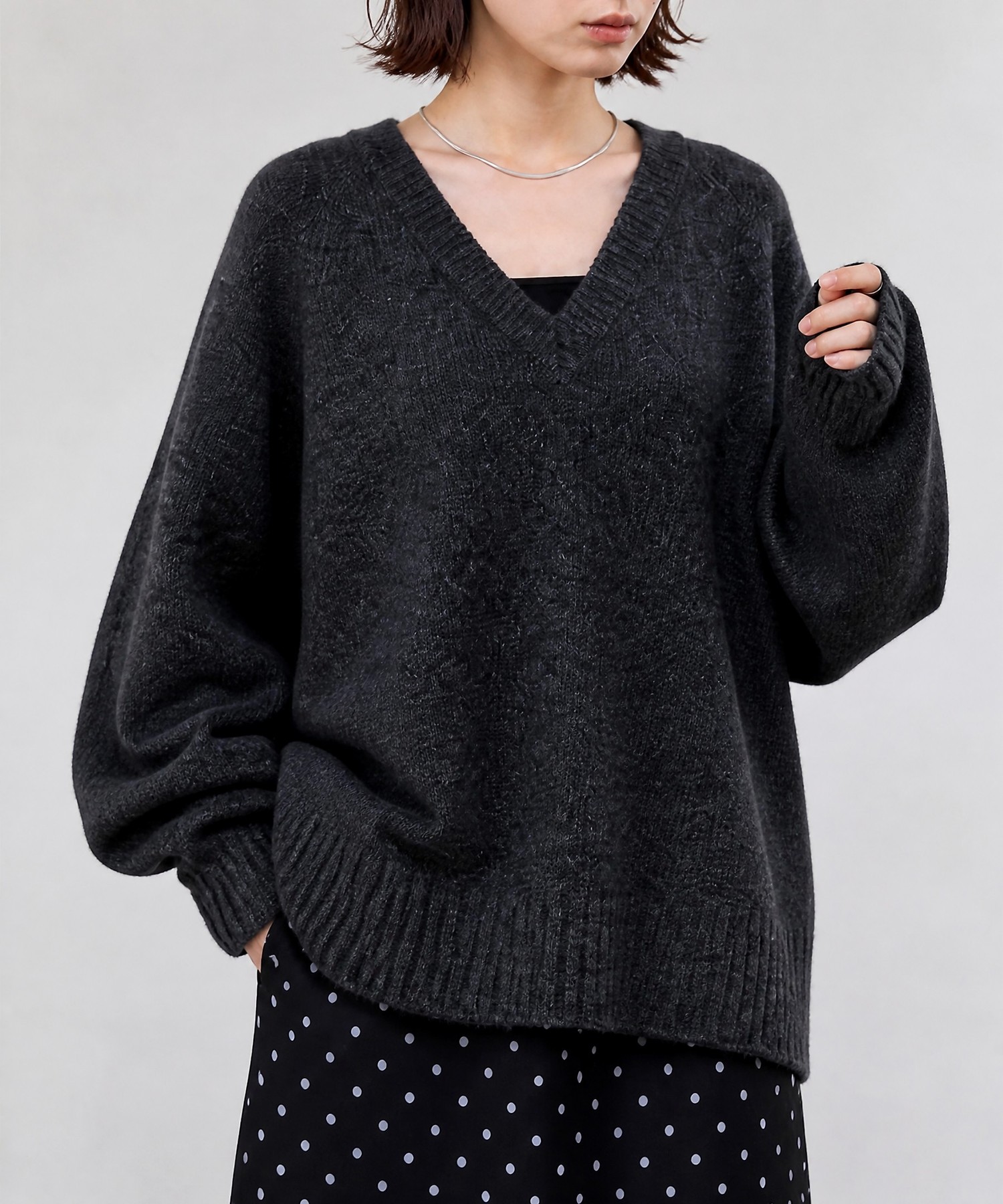 値下げ[新品] LUPO DI MARE セーター S 黒 ゆるっと華奢見え｜ウールミックスオーバーサイズ Vネック ボリューム