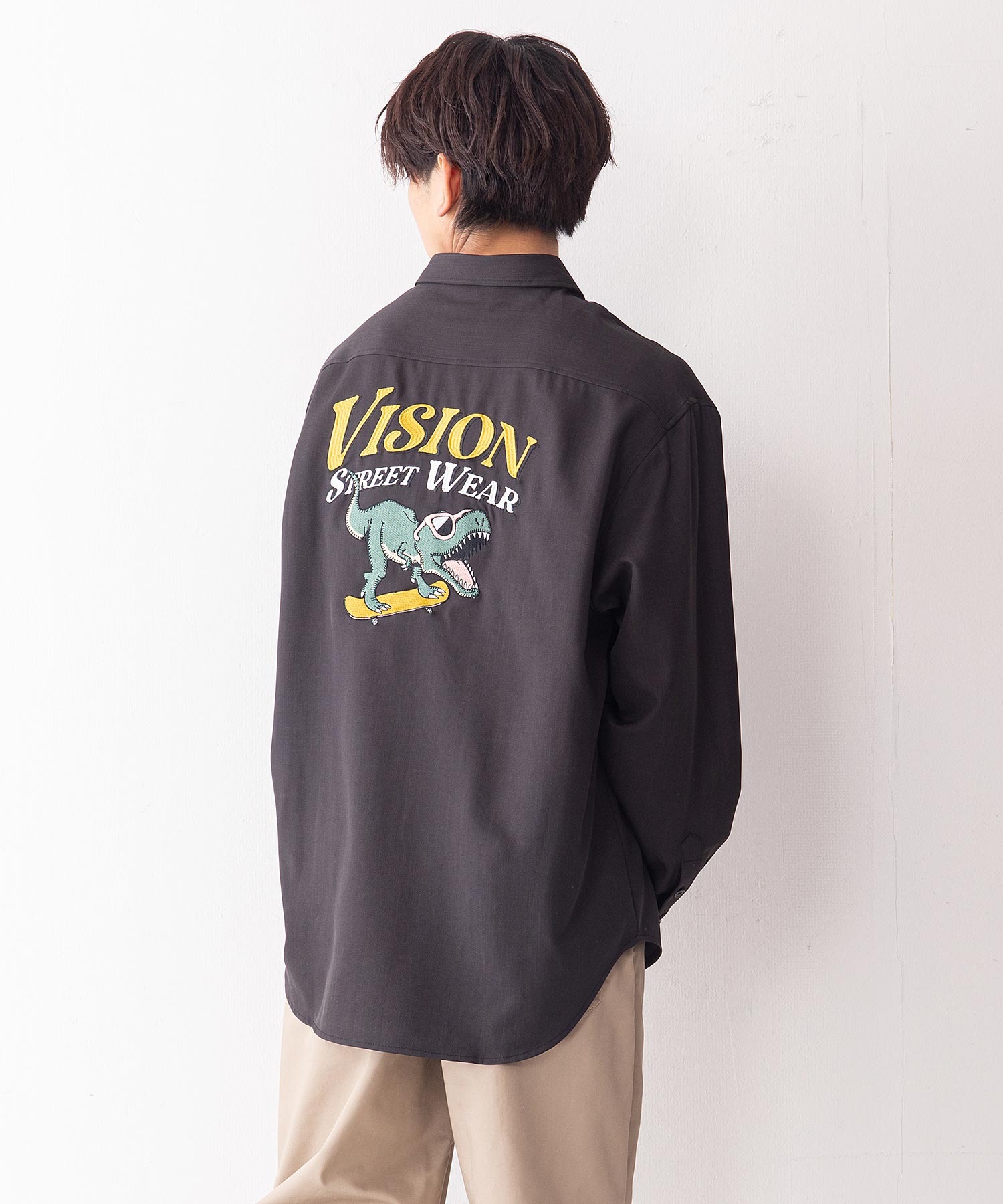 VISION STREET オンライン限定商品 WEAR 最高級のスーパー 恐竜バック刺繍ルーズワークシャツ ビジョンストリートウェア