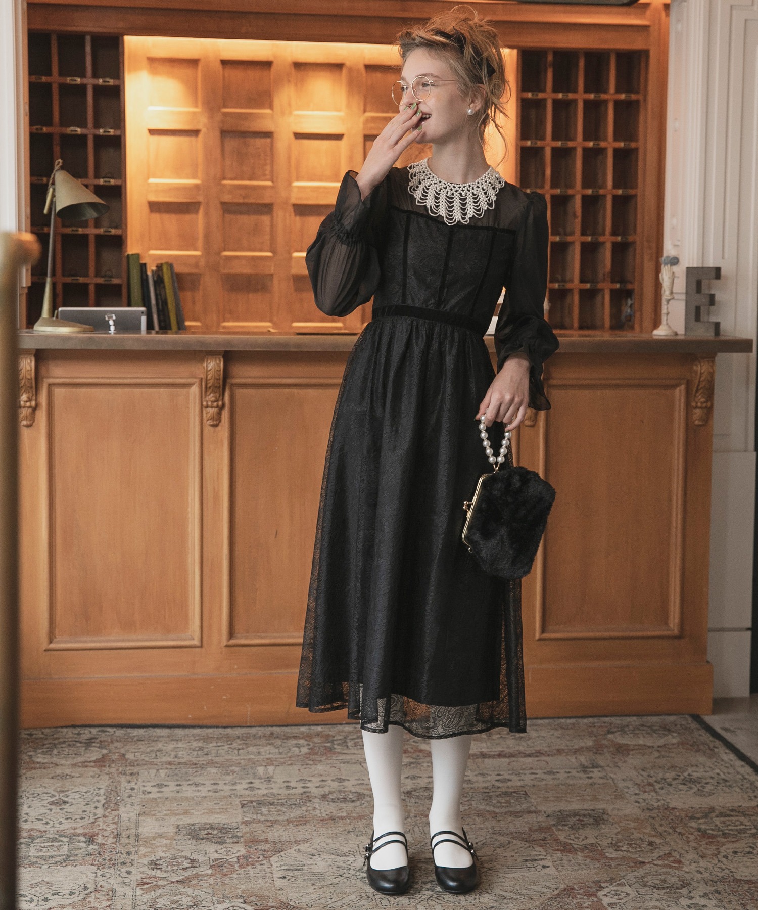 BONLECILL noir】ベロアパイピング キャンディスリーブ フラワーレース