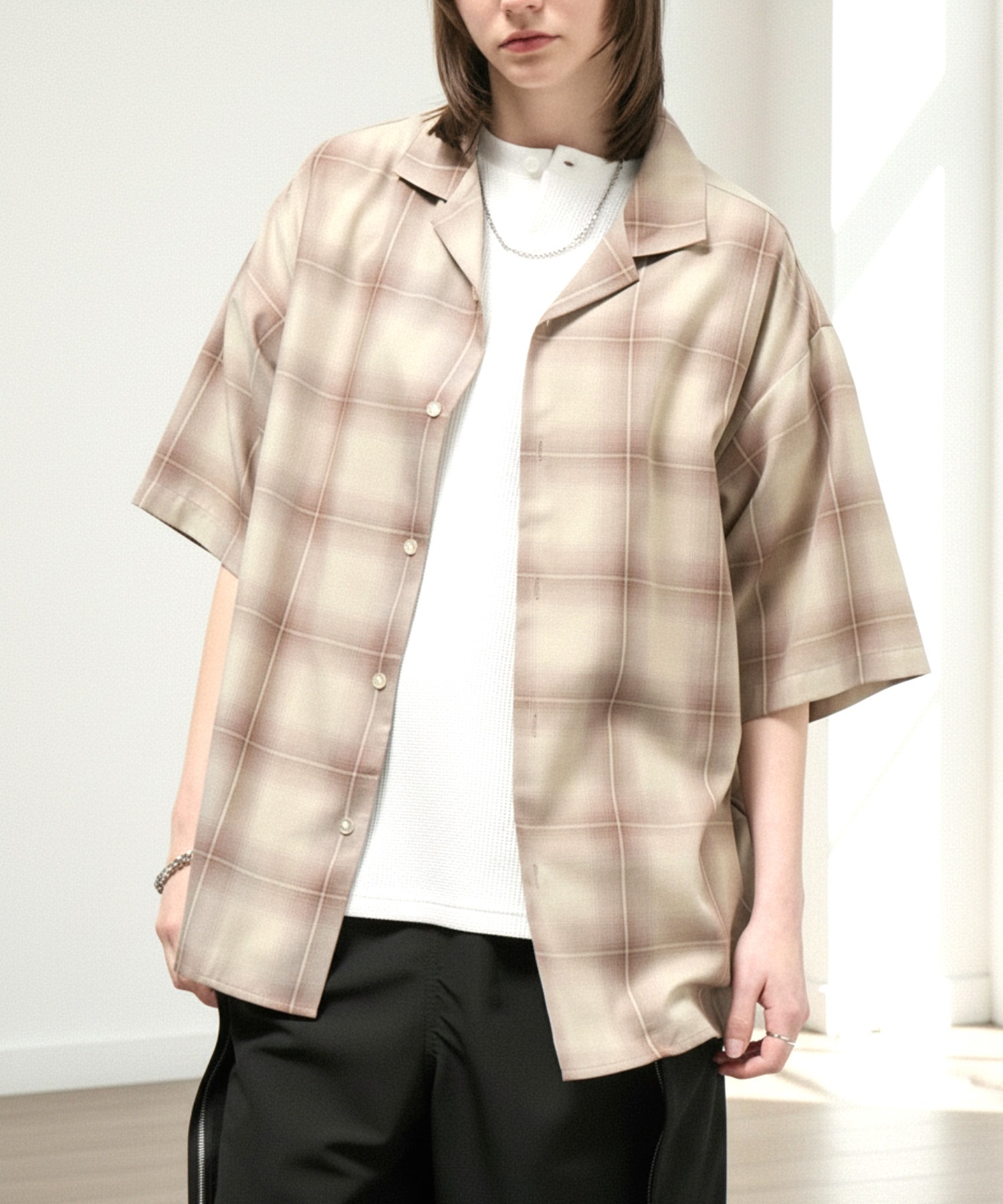 Alfred Alex】Ombre Check Open Collar Shirt / オンブレチェック 
