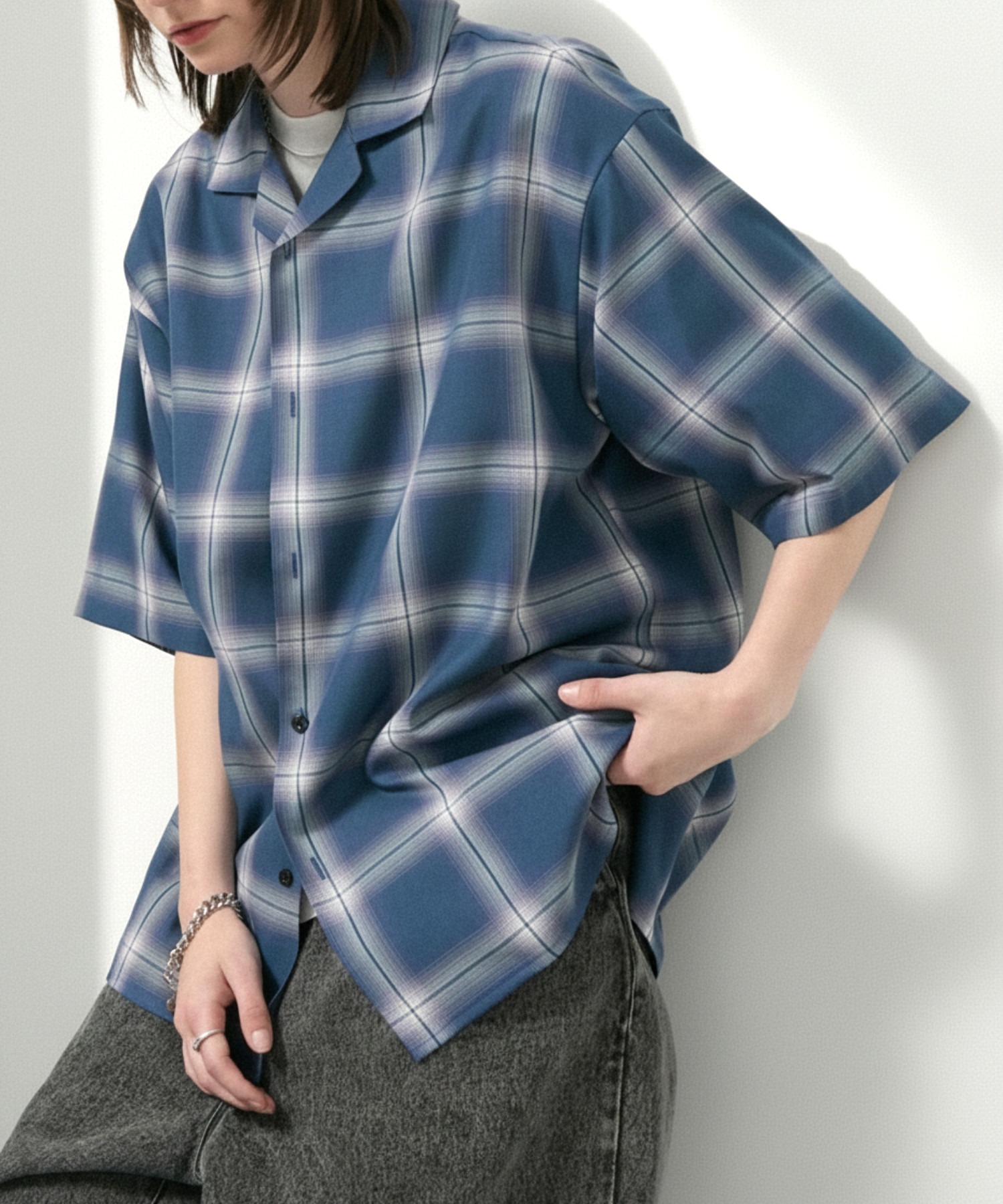 Alfred Alex】Ombre Check Open Collar Shirt / オンブレチェック 