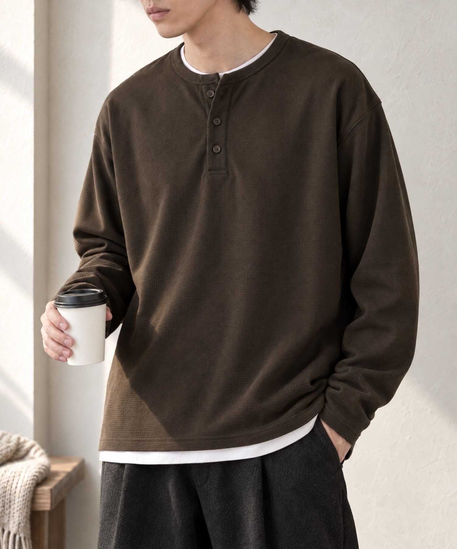 ハニカムサーマル ヘンリーネック オーバーサイズ長袖Tシャツ MONO
