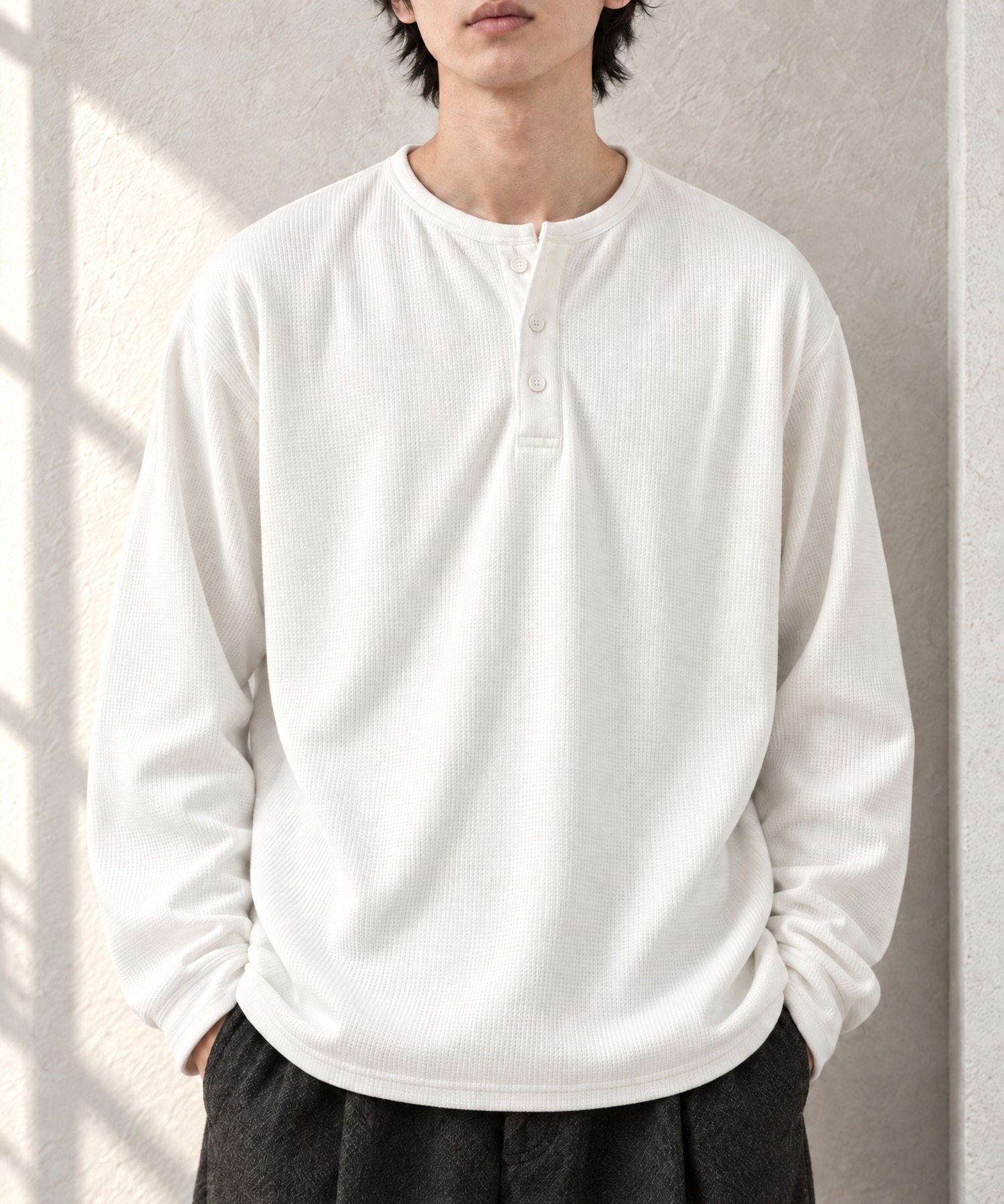 ハニカムサーマル ヘンリーネック オーバーサイズ長袖Tシャツ MONO