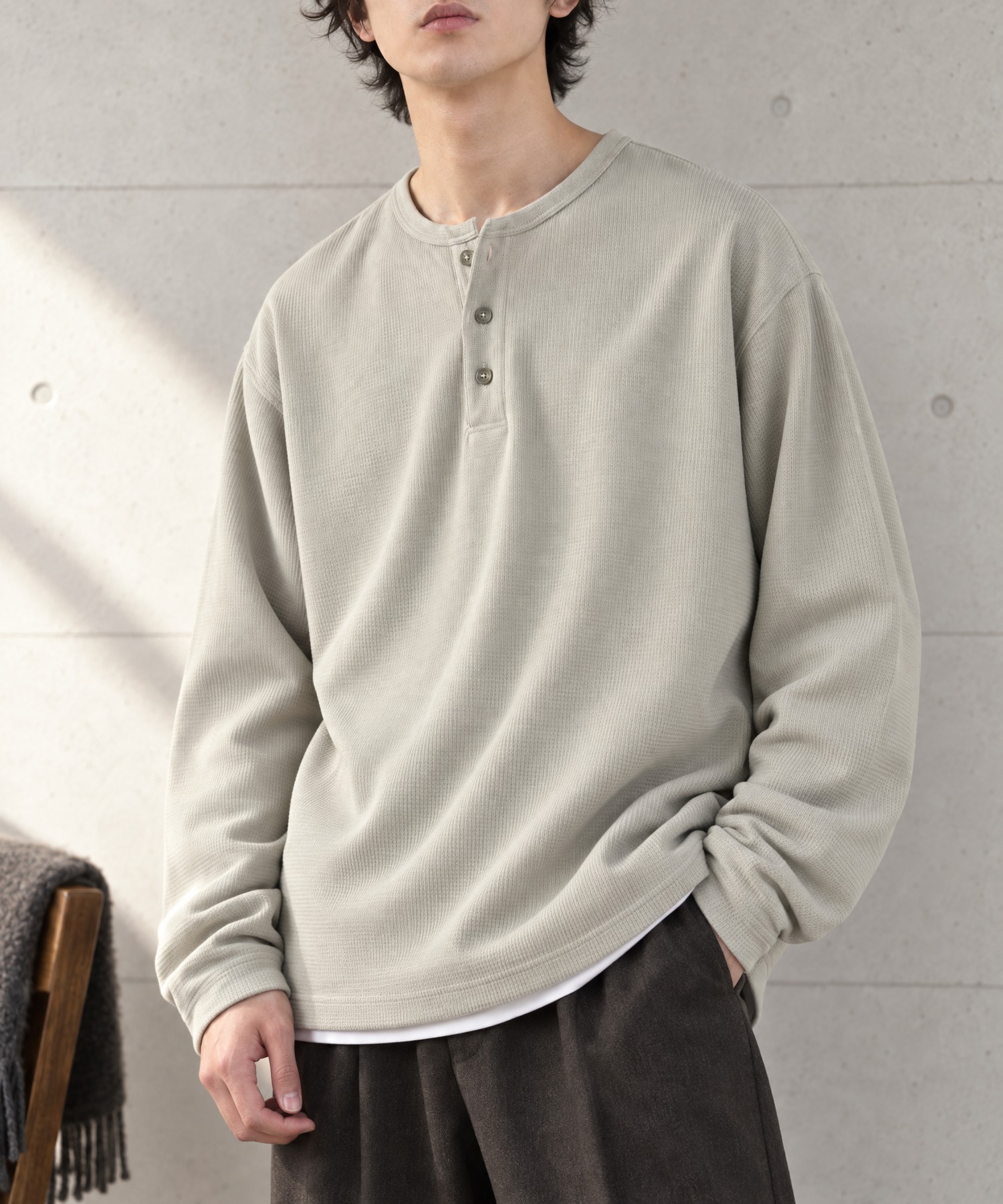 ハニカムサーマル ヘンリーネック オーバーサイズ長袖Tシャツ MONO