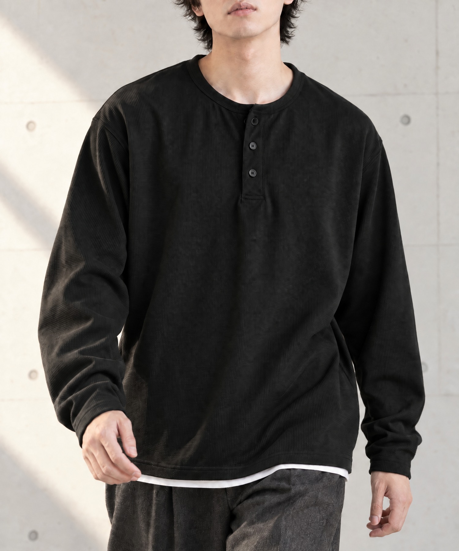 ハニカムサーマル ヘンリーネック オーバーサイズ長袖Tシャツ MONO