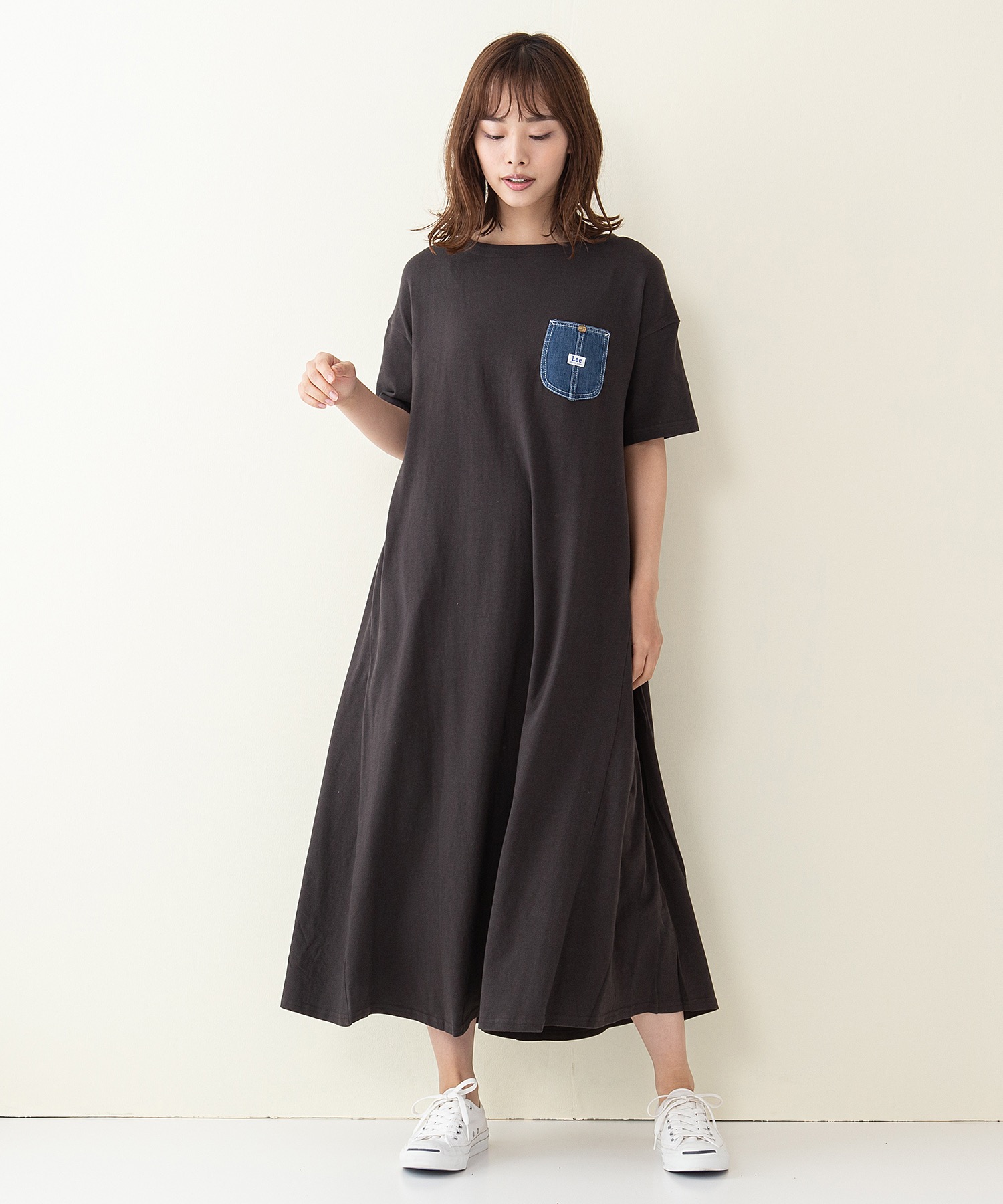 デニムポケット付きカットソーフレアドレスワンピース ｌｔ７０４６ ワンポイントブランドロゴ Urban Tales Com