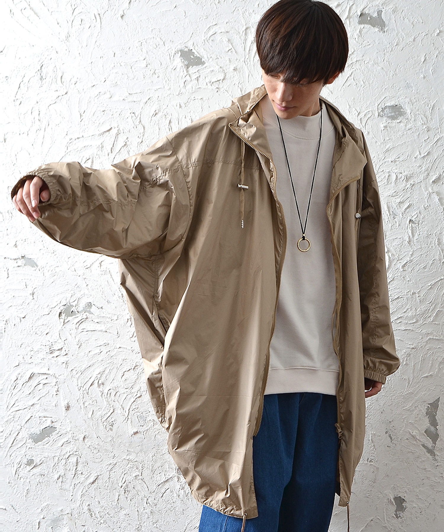 売買 メンズ長袖ドルマンスリーブビッグシルエットソフトナイロンロングフードコート