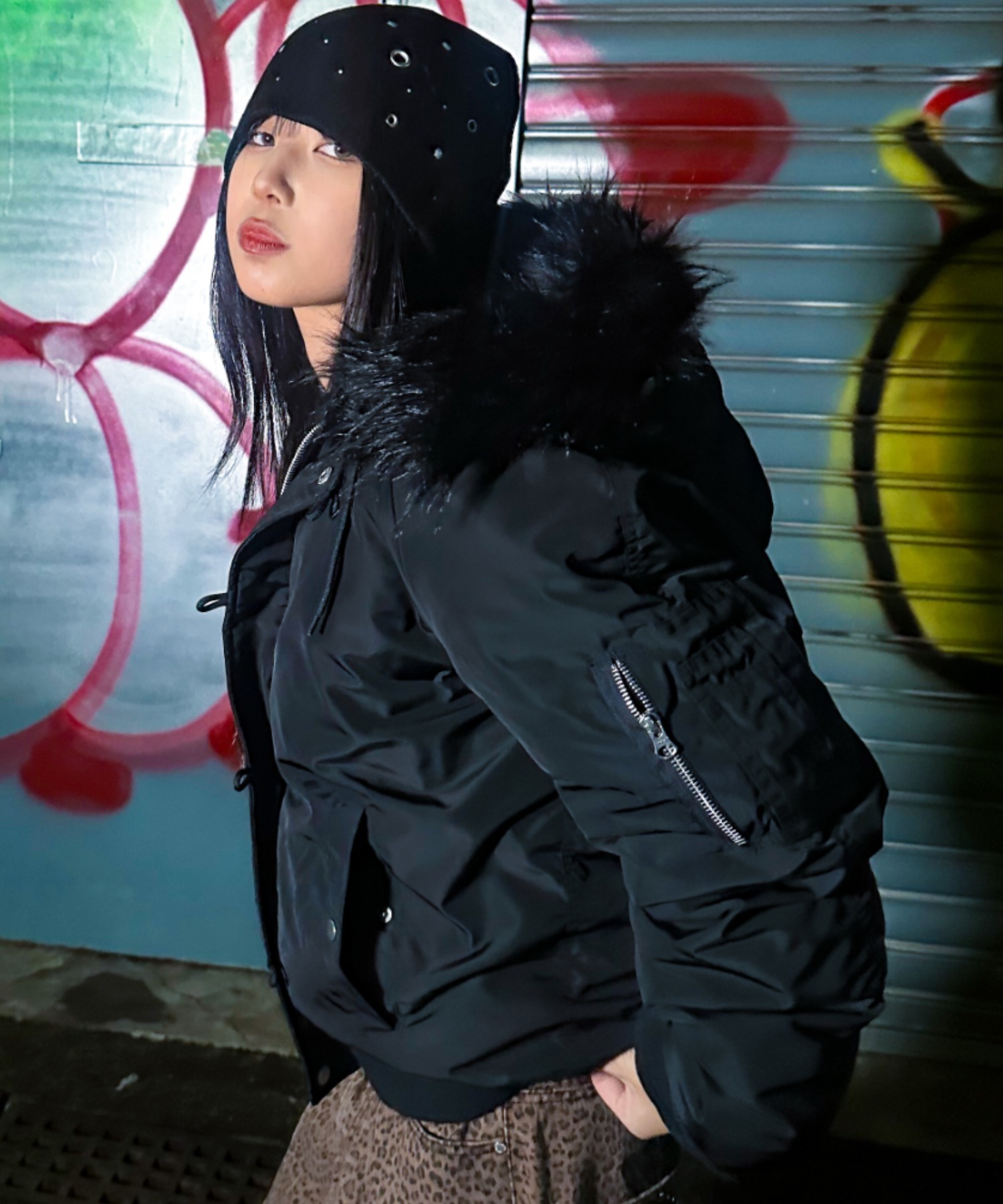 ファー付きブラックn2bジャケット A'GEM/9 × .kom 『A'gem/エージェム』ファー付きN2Bジャケット A'gem