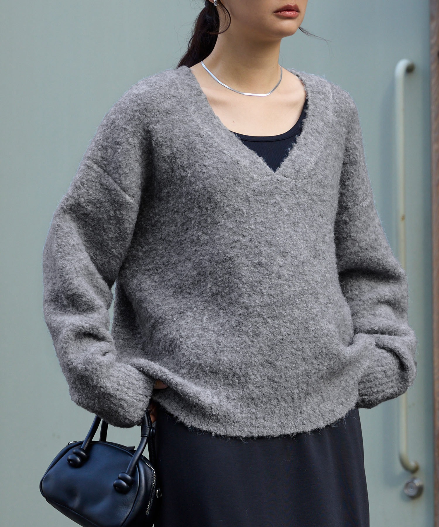 抗菌防臭> ミックス ブークレー オーバーサイズ Vネック ニット MONO