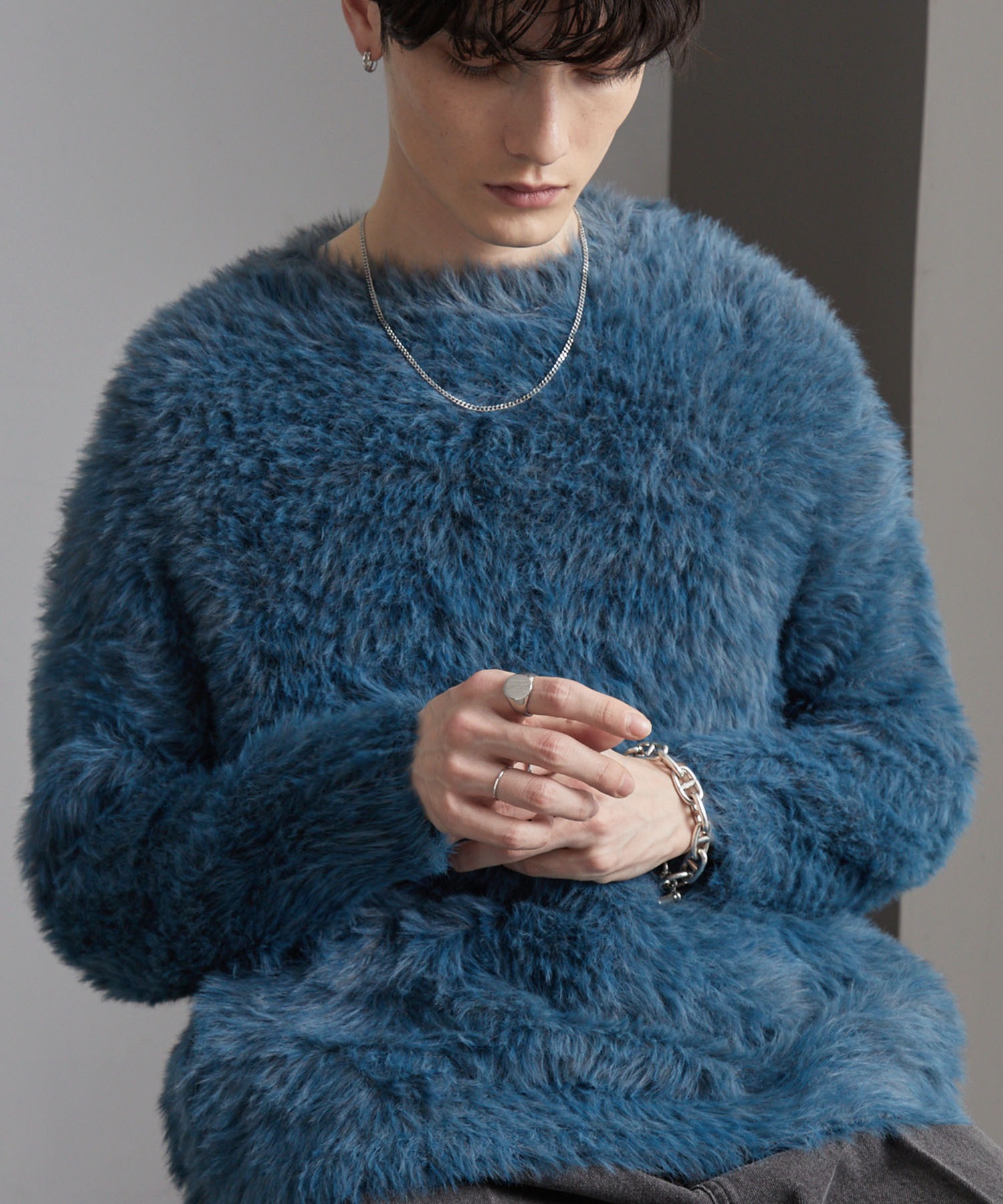 ミックスシャギー グラデーション オーバーサイズ クルーネック ニット