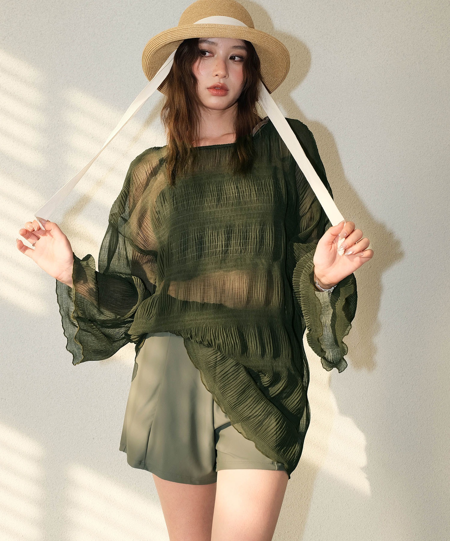 シアートップス付き シャーリングビキニ セットアップ 体型カバー 水着