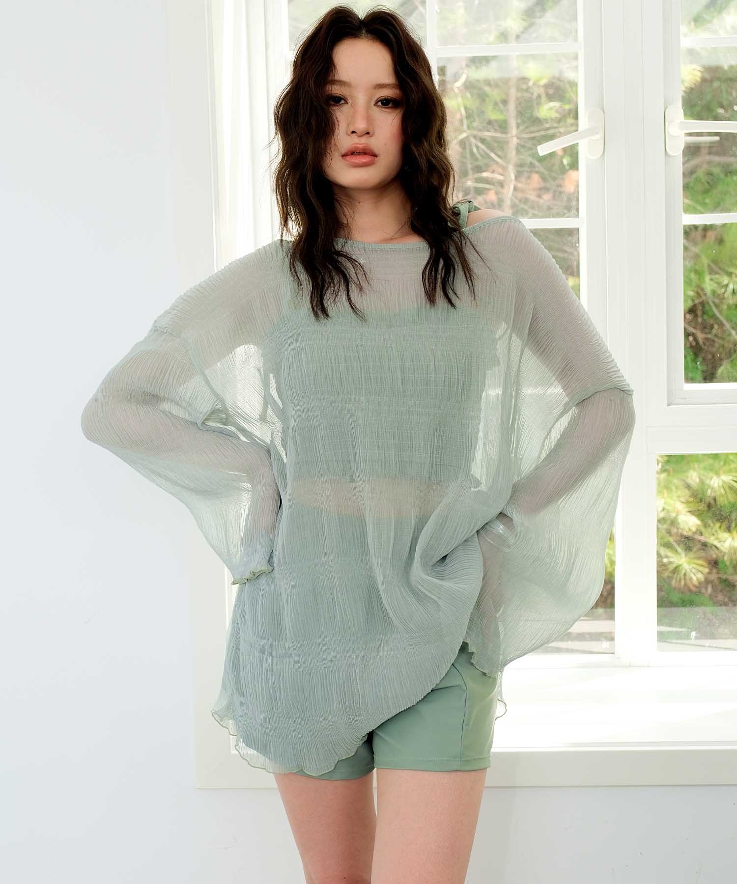 シアートップス付き シャーリングビキニ セットアップ 体型カバー 水着