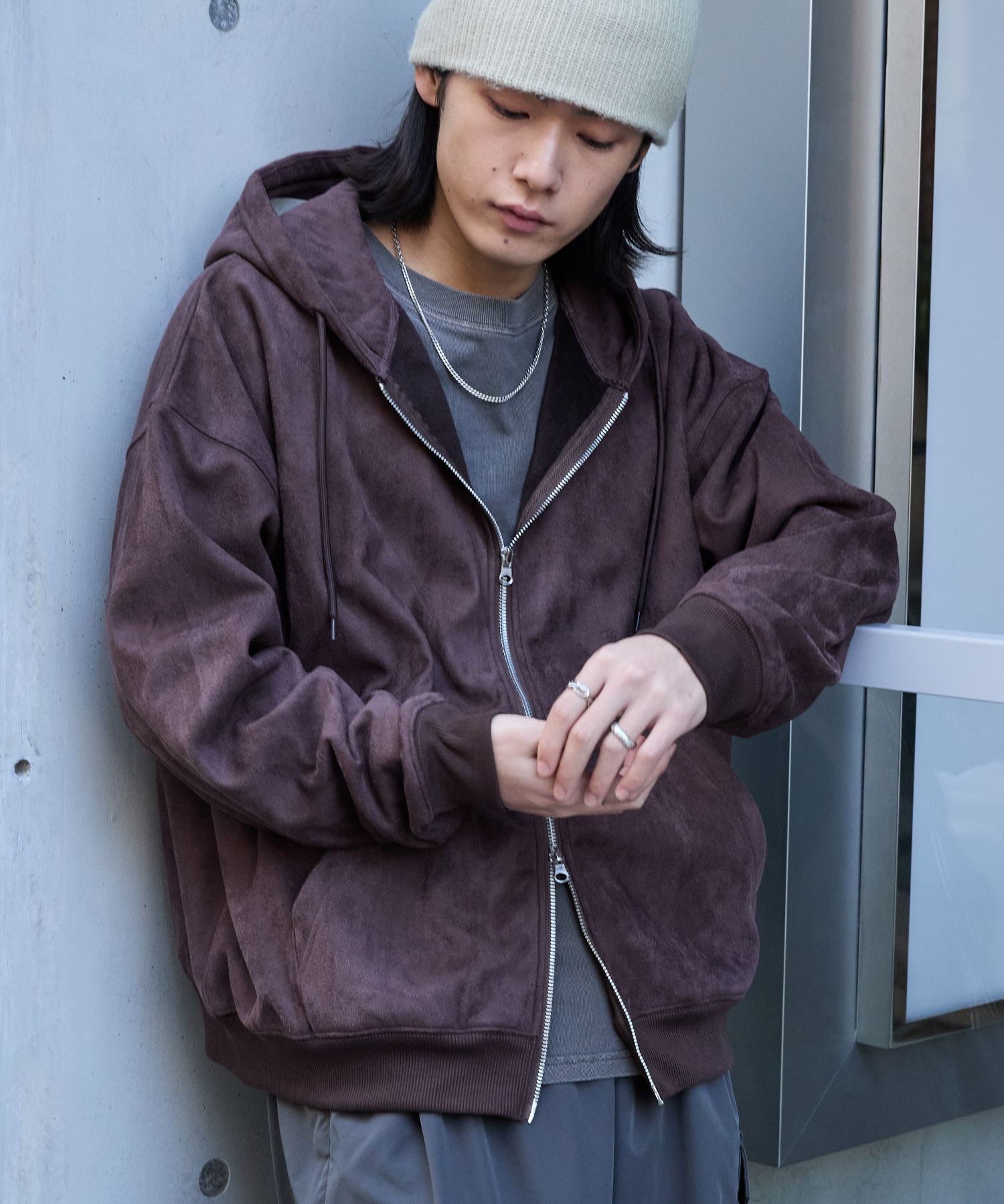 スウェードライク ボア オーバーサイズダブルジップパーカー MONO-MART