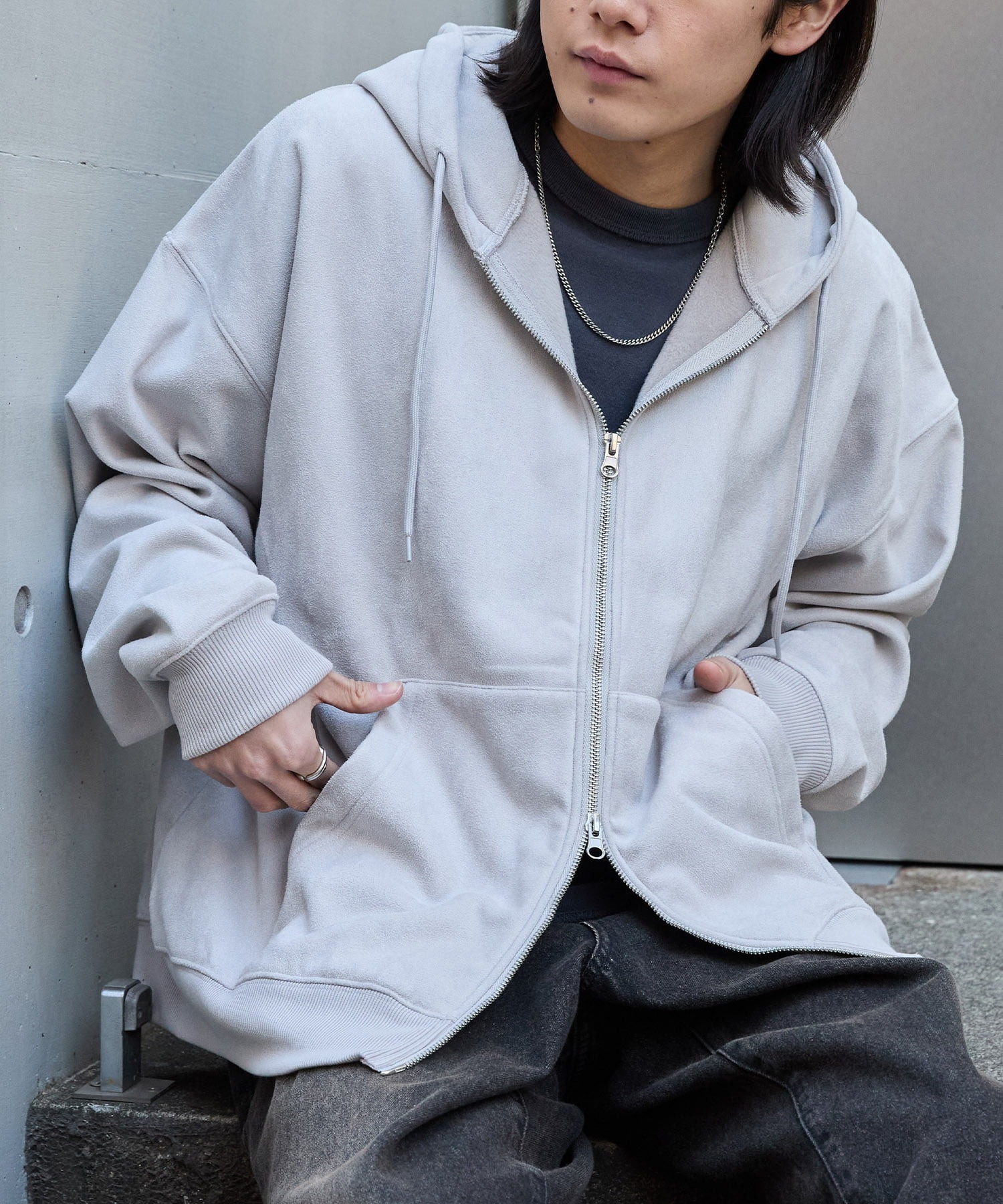 スウェードライク ボア オーバーサイズダブルジップパーカー MONO-MART