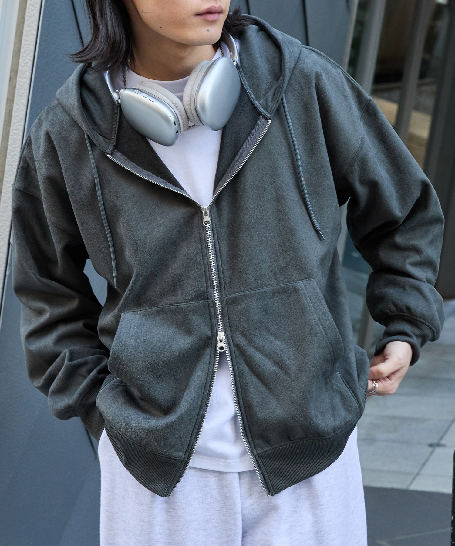 スウェードライク ボア オーバーサイズダブルジップパーカー MONO-MART