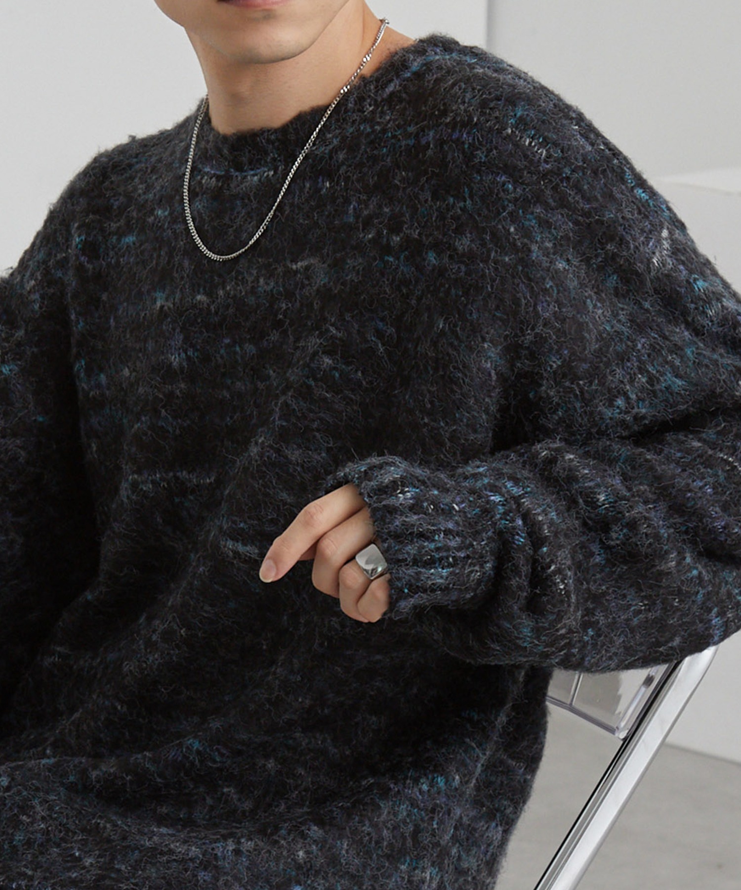 モヘアタッチ ミックスカラー クルーネック シャギーニット MONO-MART