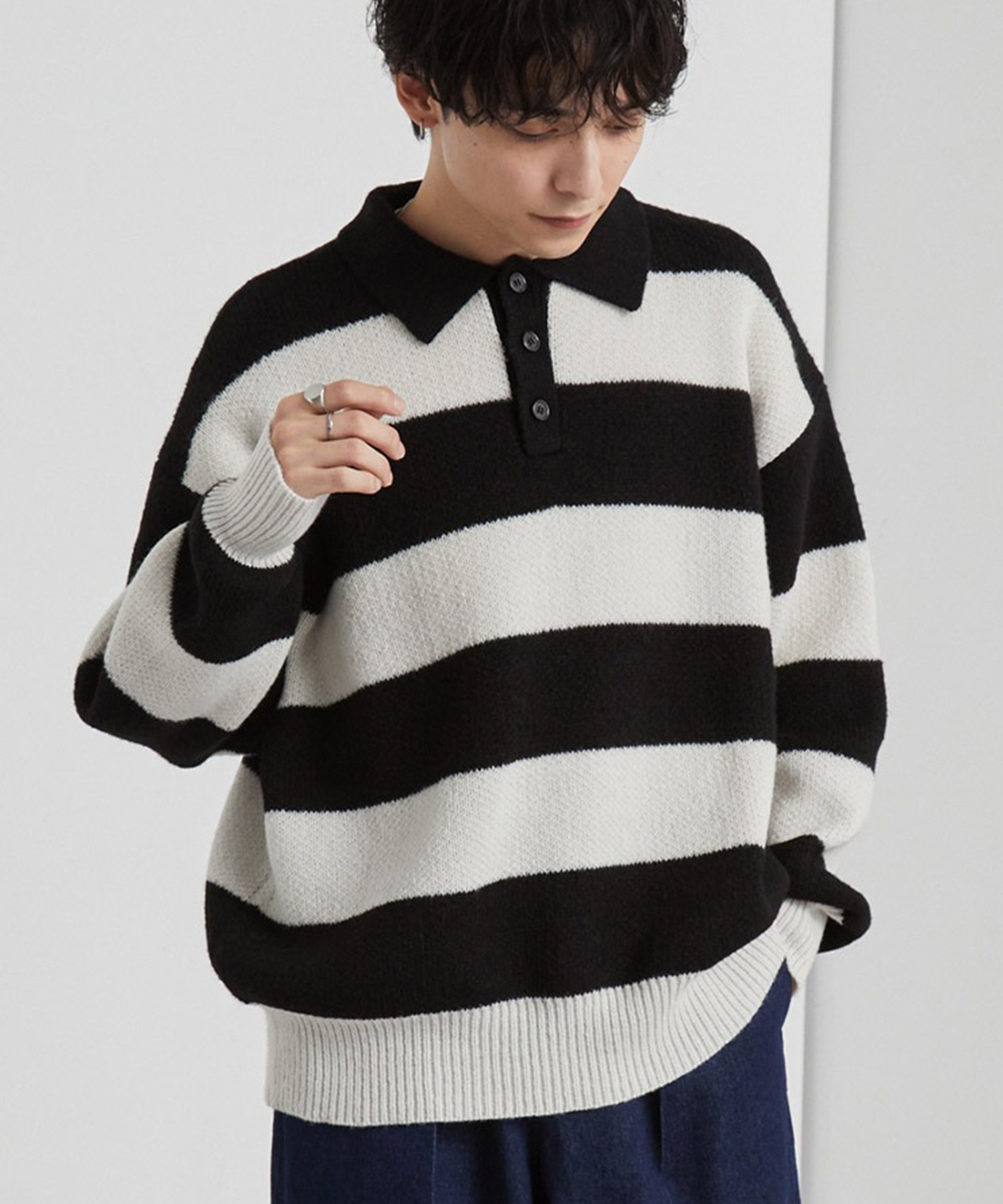 j*o様 【希少品】【新品に近し】45R　ニットソー　サイズM(星2つ） ウォッシャブル/アンチピリング>オーバーサイズ ボーダー ニットポロ