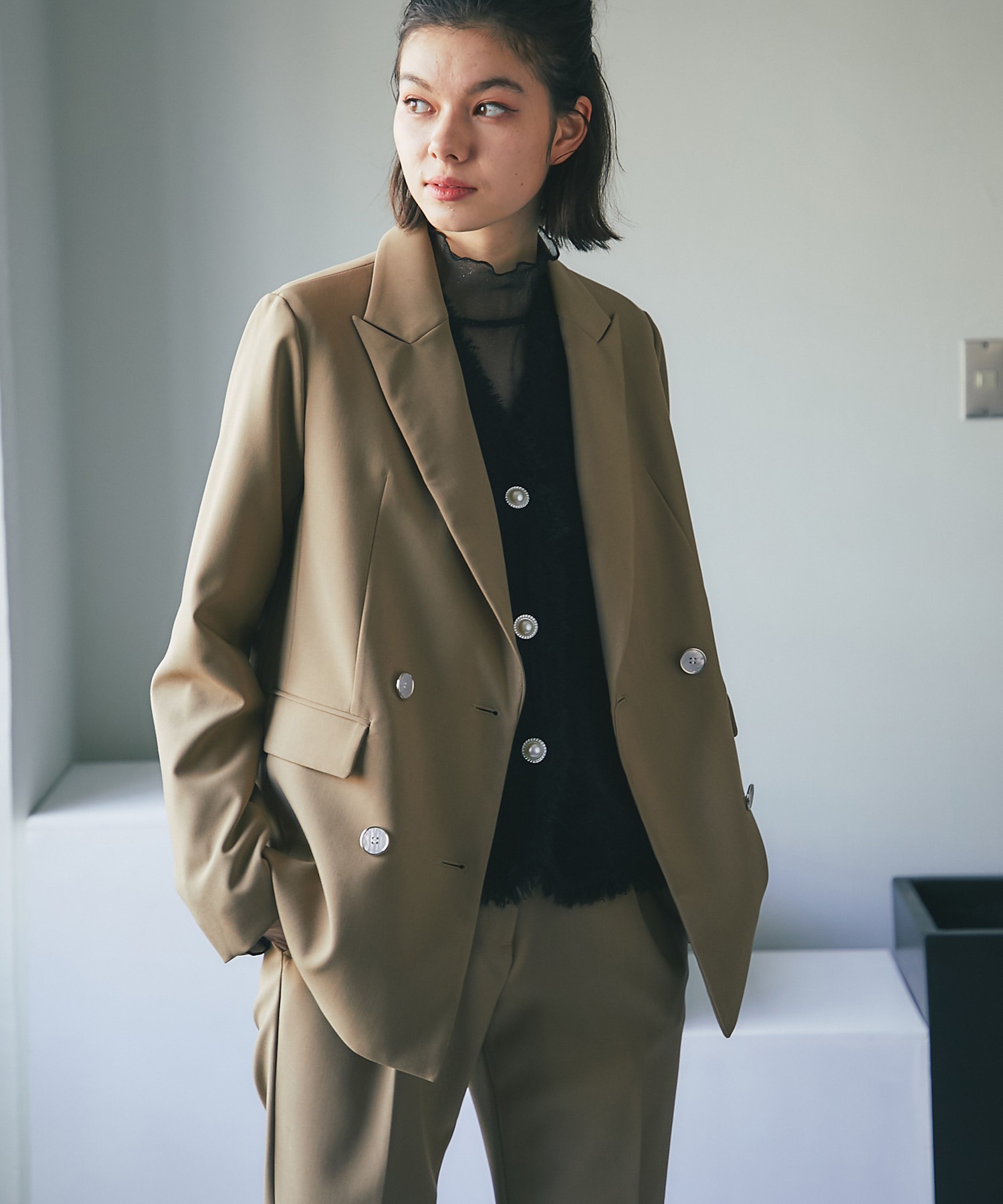 新品☆3L茶系♪ダブルジャケット＆テーパードパンツスーツ♪お仕事☆a236 新品☆3L茶系♪ダブルジャケット＆テーパードパンツスーツ♪お仕事