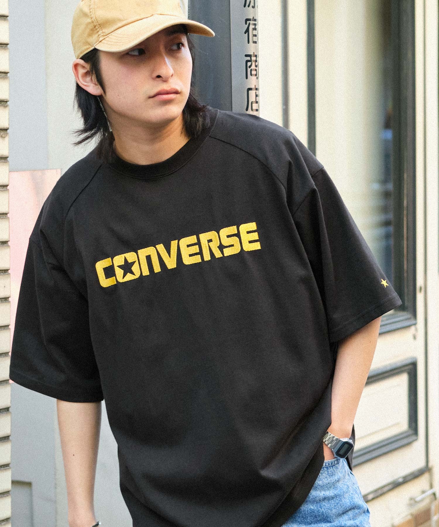 CONVERSE/コンバース ロゴ刺繍 オーバーサイズラグラン半袖Tシャツ